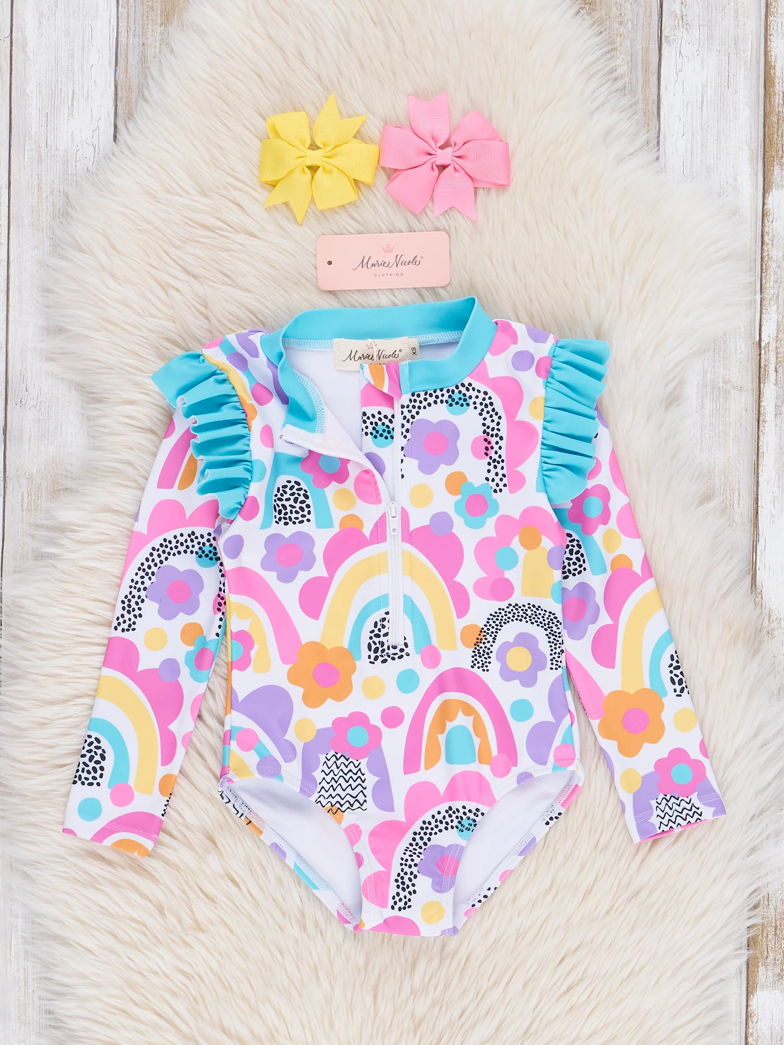 Bright Rainbows Ruffle One-Piece Rashguard Swimsuit - Image 3