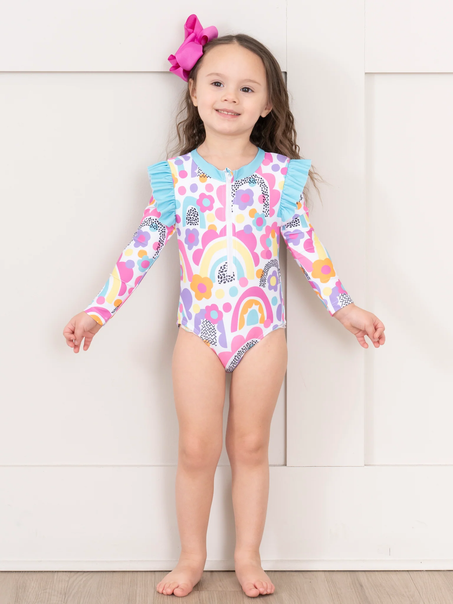 Bright Rainbows Ruffle One-Piece Rashguard Swimsuit - Image 4