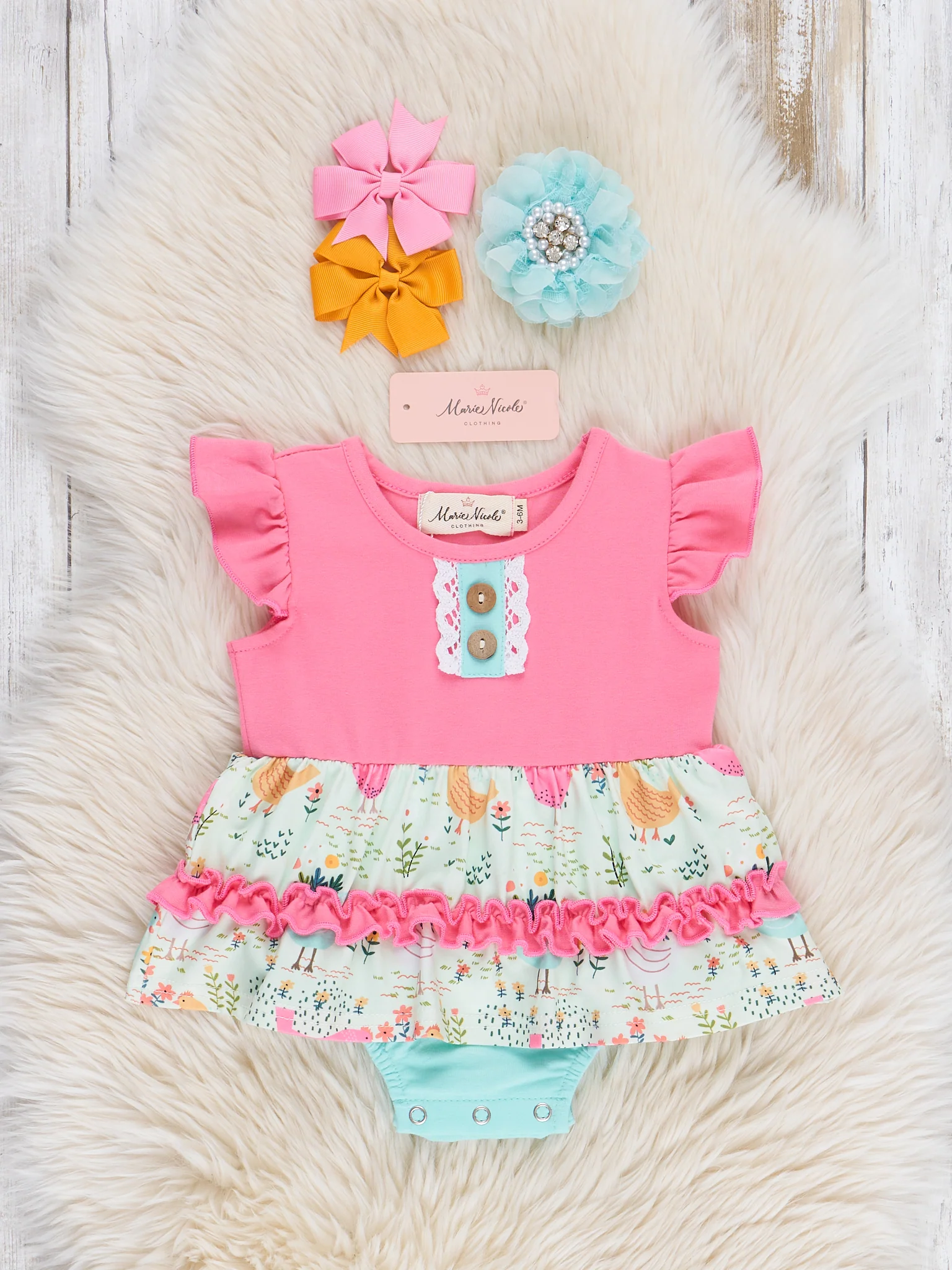 Bright Roaming Chickens Ruffle Bubble Romper
