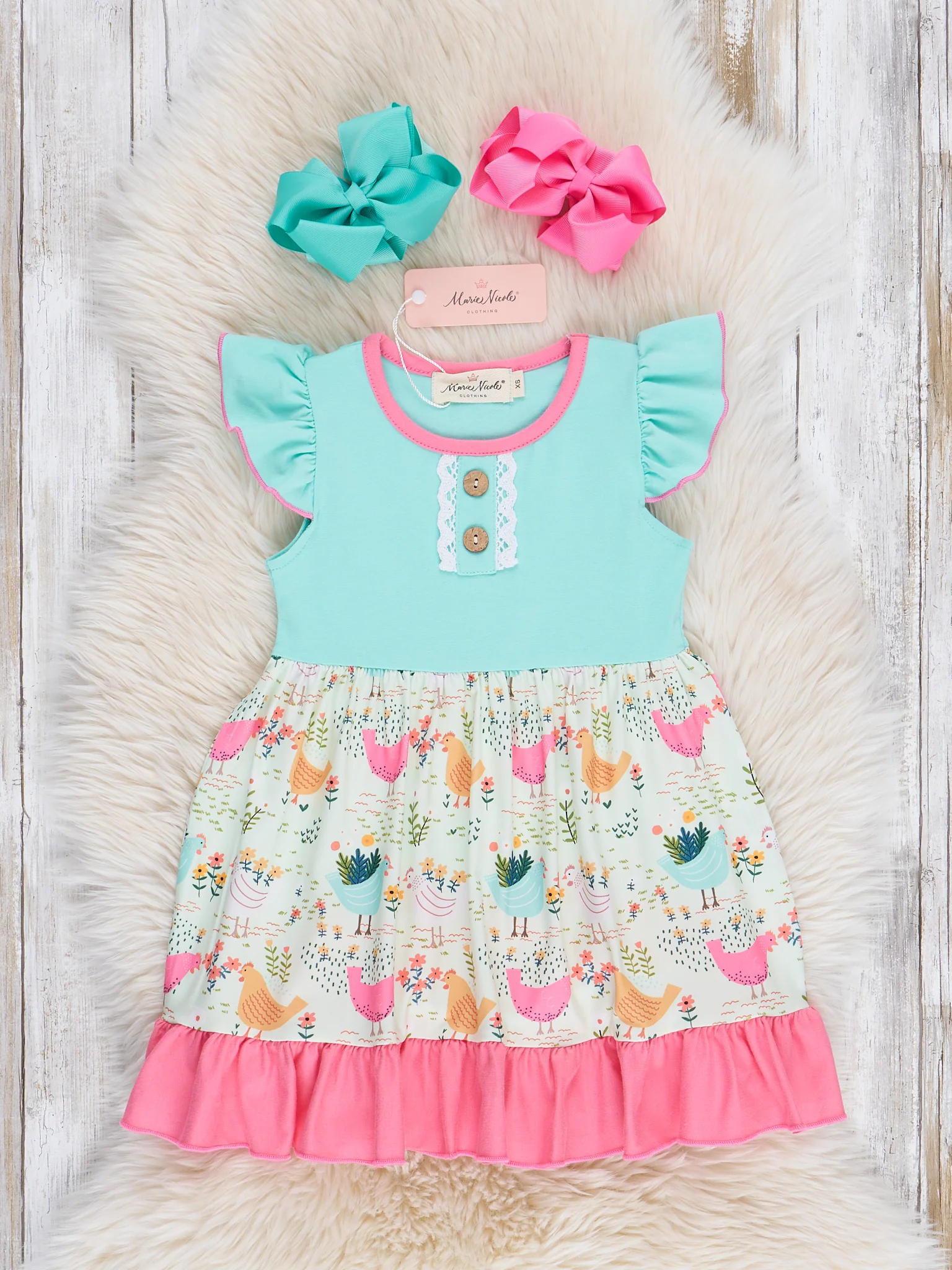 Bright Roaming Chickens Ruffle Dress