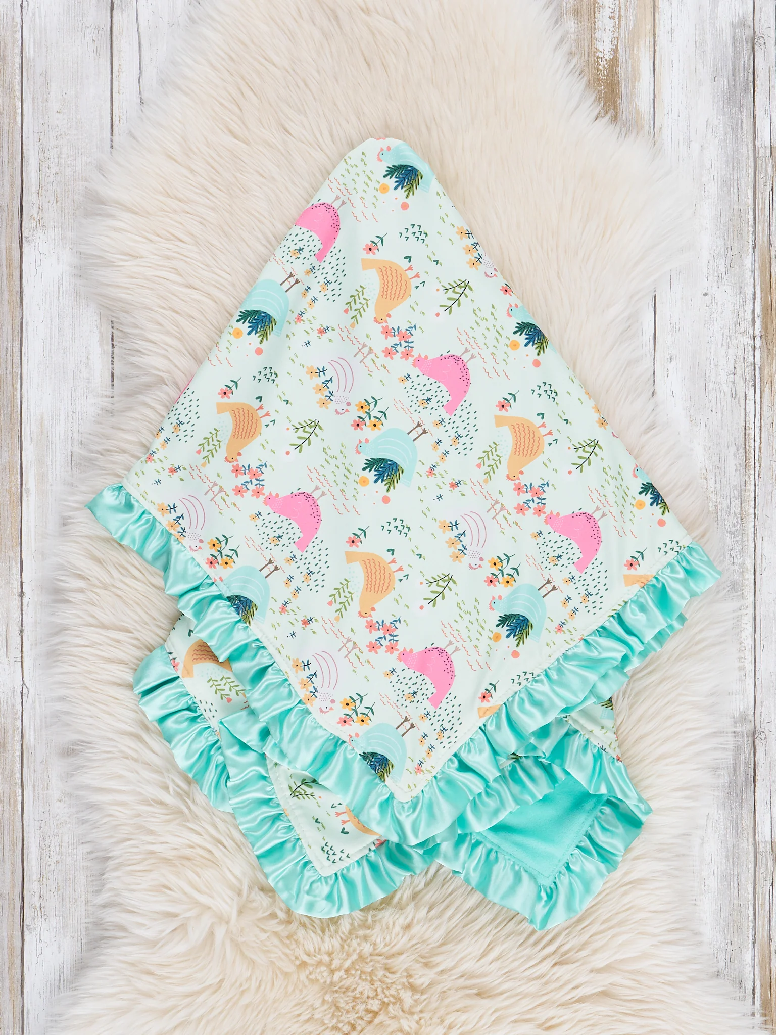 Bright Roaming Chickens Ruffle Minky Blanket