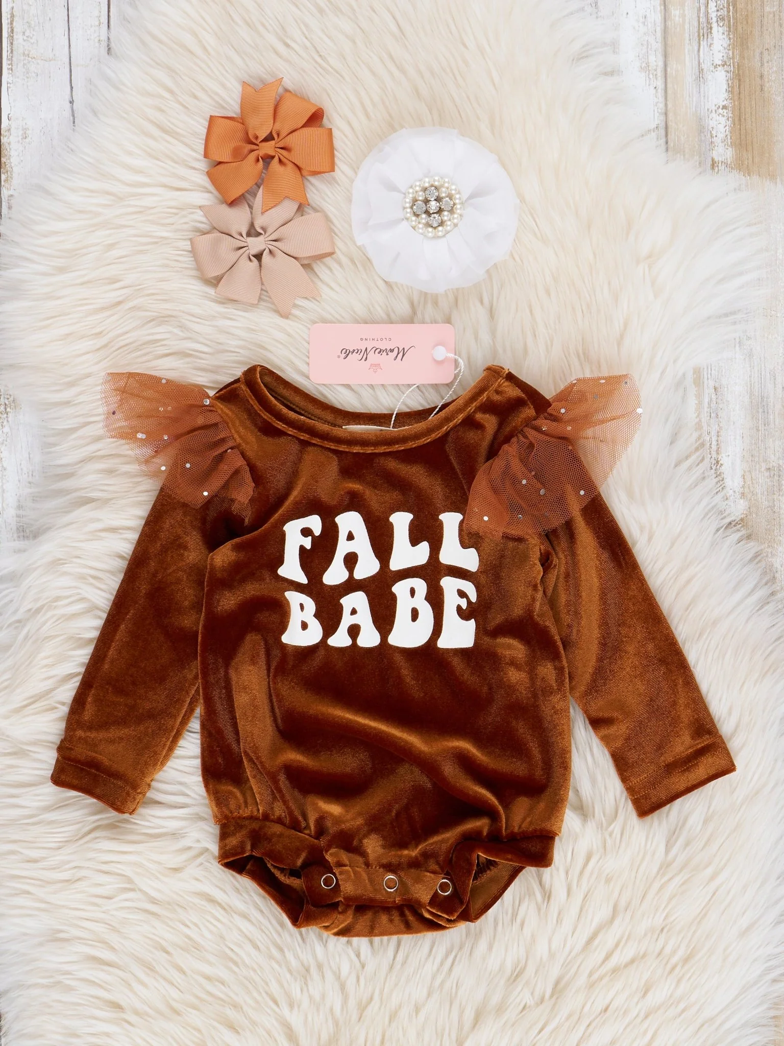 Bronze "Fall Babe" Velvet Bubble Romper