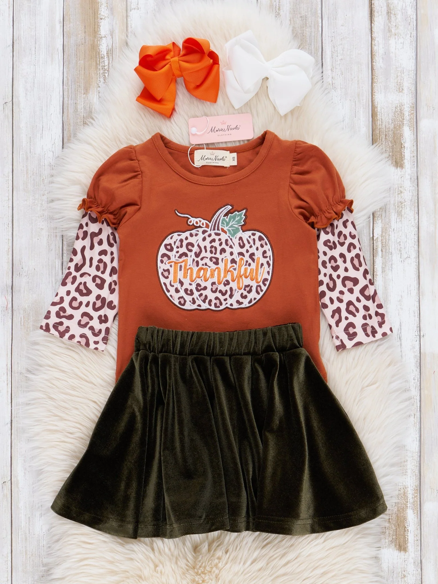 Bronze & Olive Leopard Pumpkin Velvet Outfit w/ Skirt - Image 2