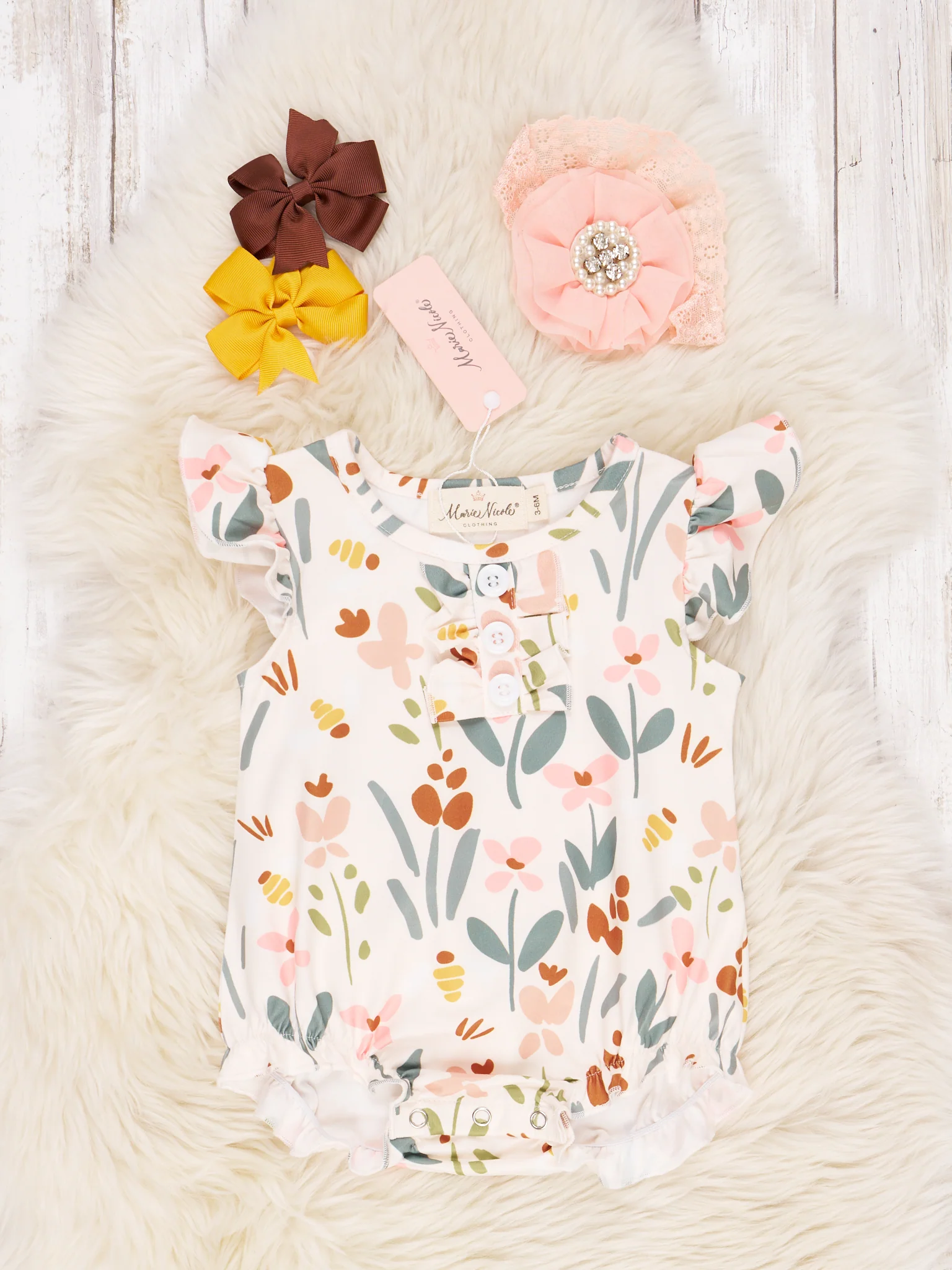 Brown & Peach Floral Ruffle Romper