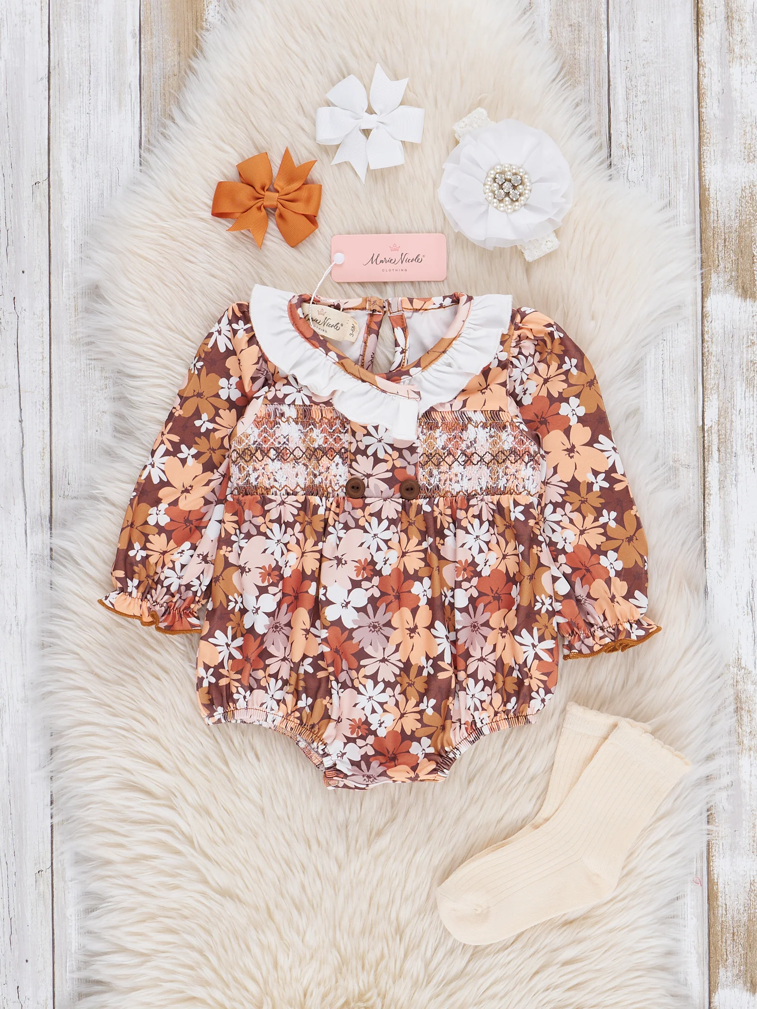 Brown Autumn Florals Ruffle Bubble Romper