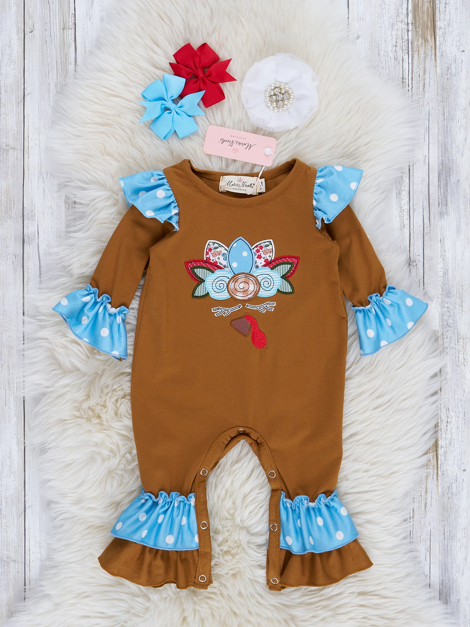 Brown & Blue Dot Embroidered Turkey Ruffle Romper