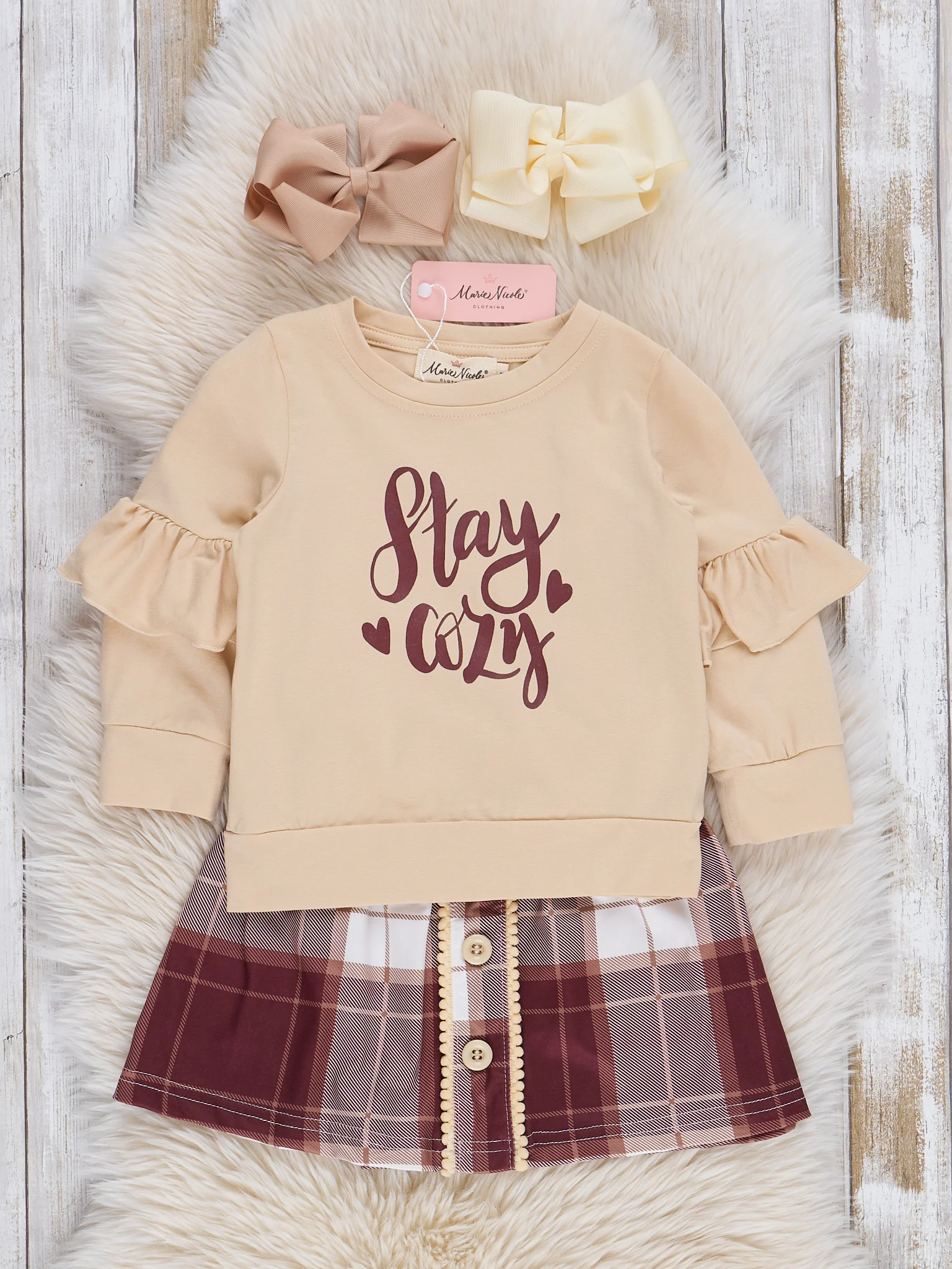 Brown Cozy Plaid Skirt Set