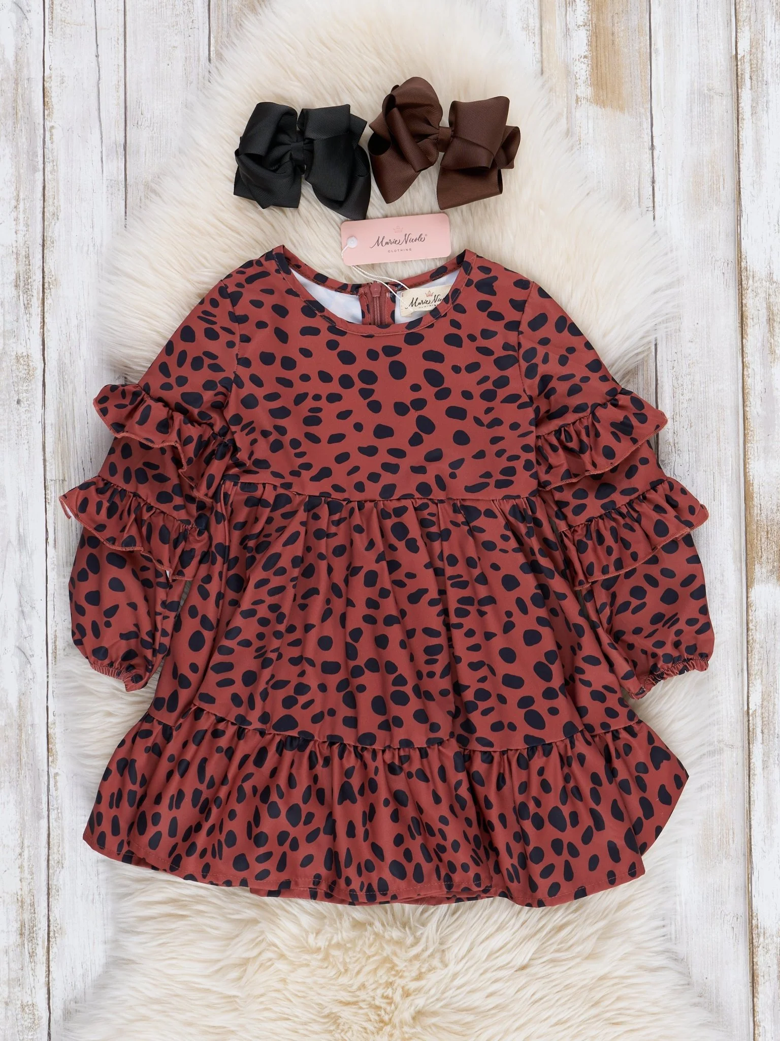 Brown Dalmatian Dots Ruffle Dress
