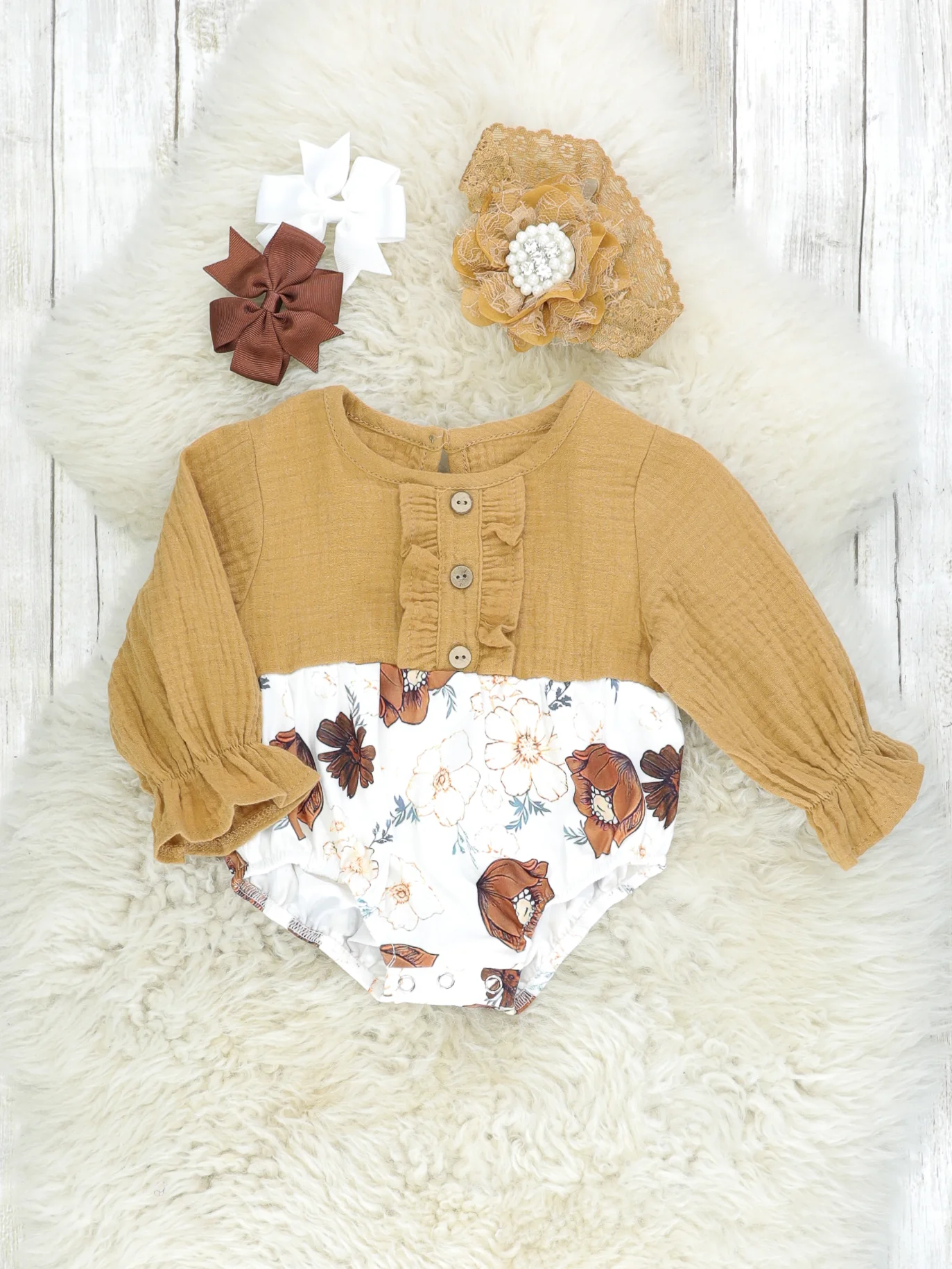 Brown Floral Ruffle Romper