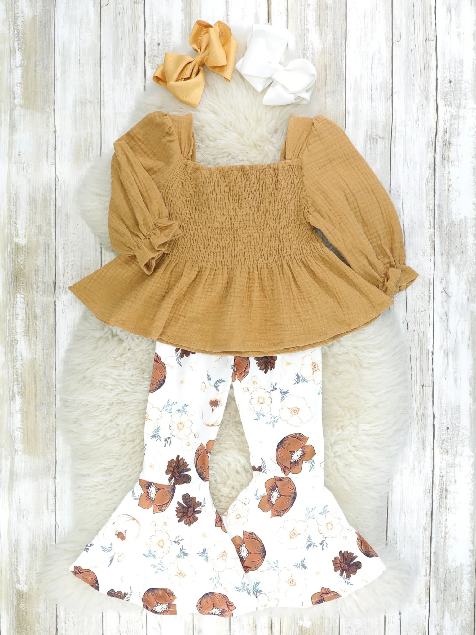 Brown Floral Ruffle Smocked Outfit