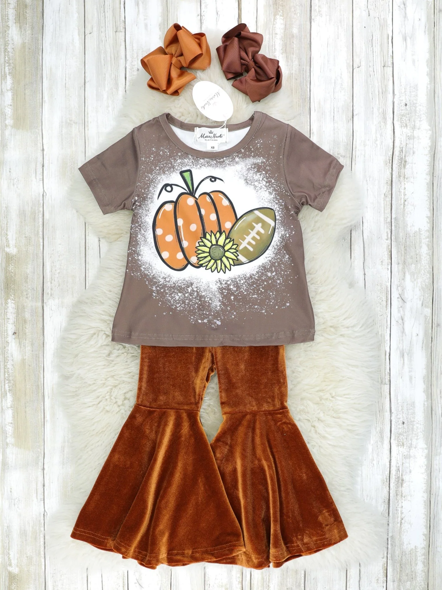 Brown Football Top & Velvet Bell Bottoms Outfit