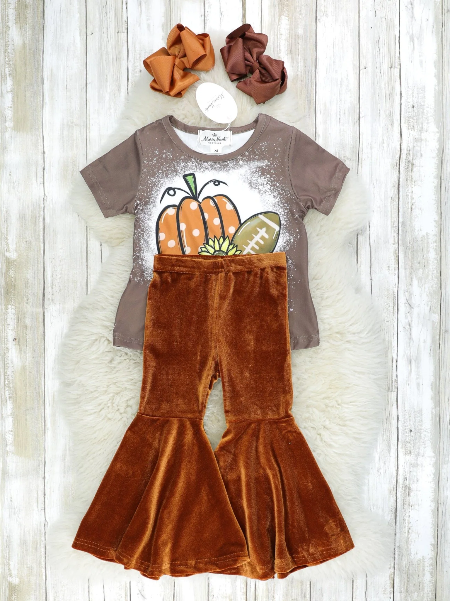 Brown Football Top & Velvet Bell Bottoms Outfit - Image 2