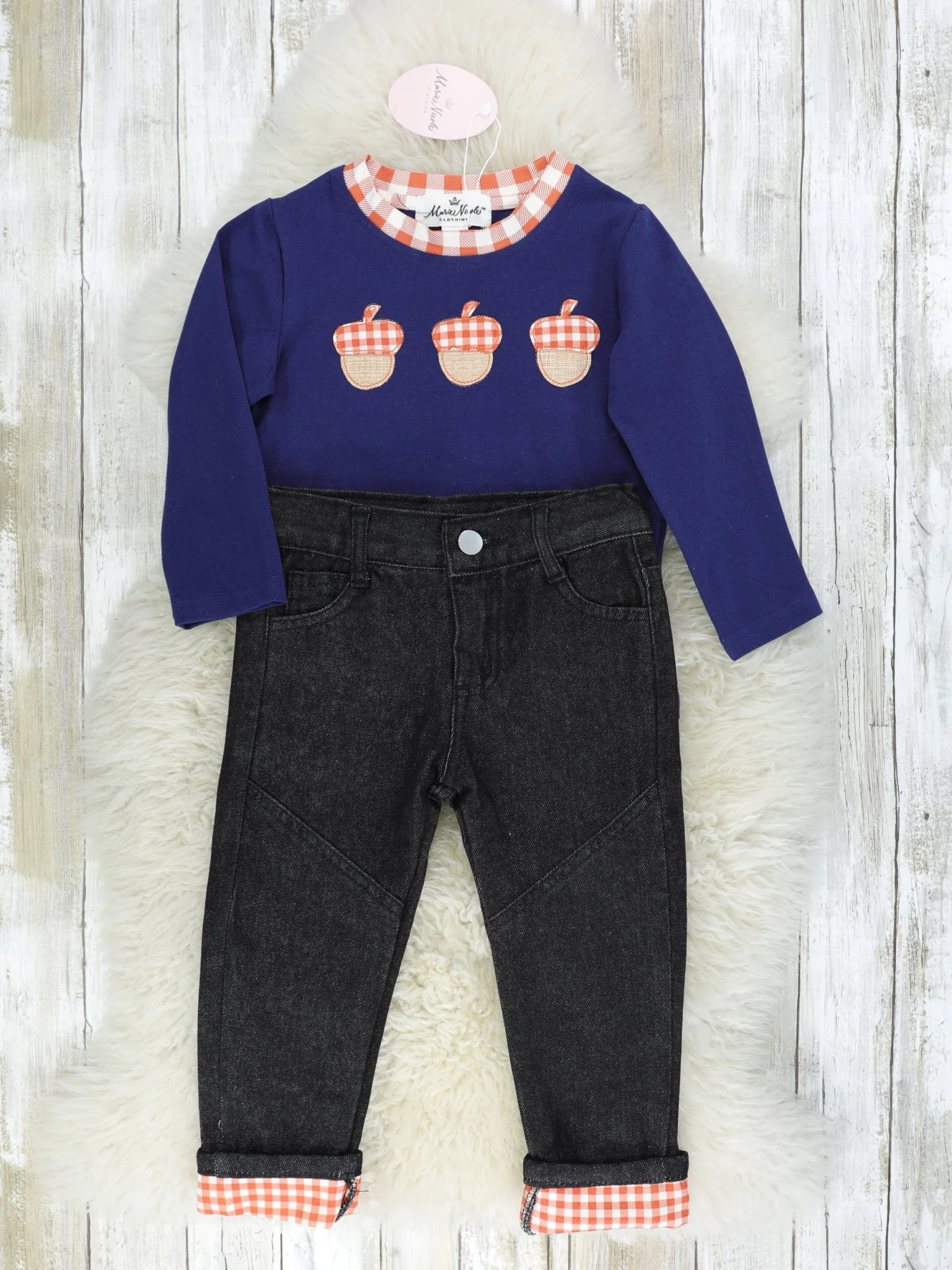 Brown Gingham Acorn Denim Outfit - Image 2