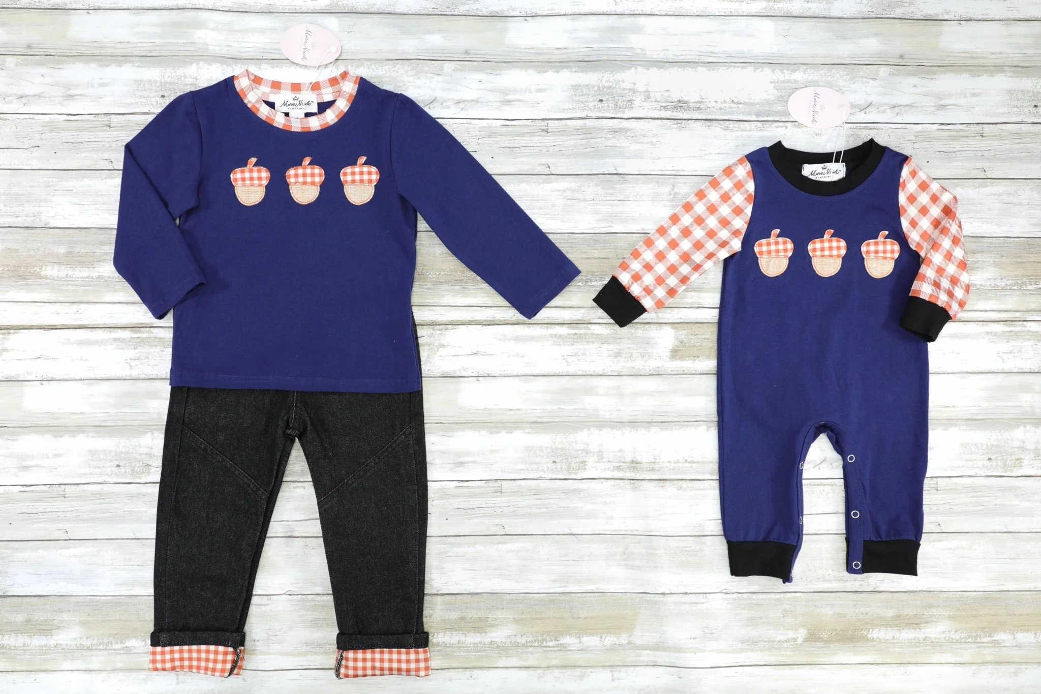 Brown Gingham Acorn Denim Outfit - Image 3