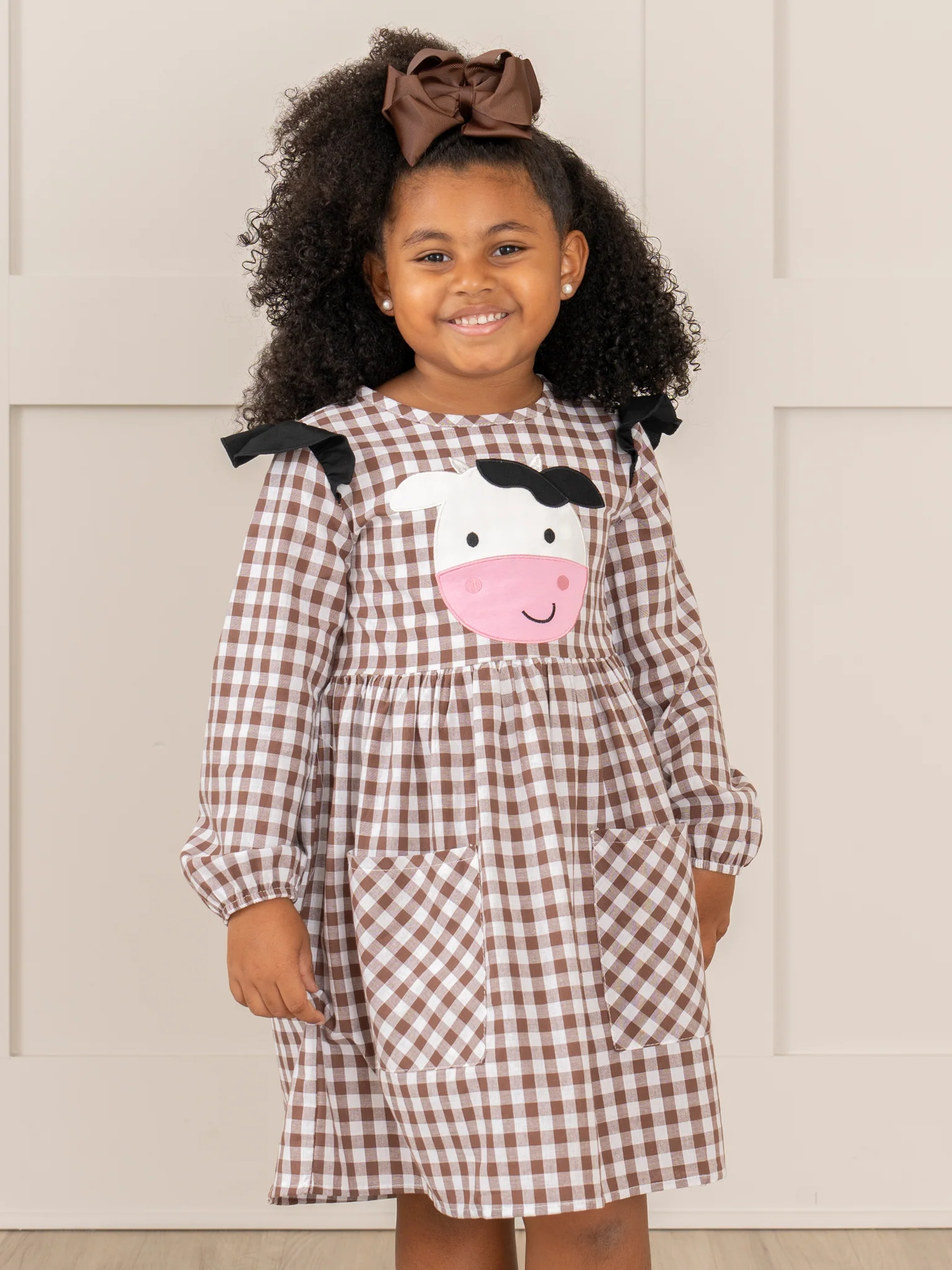 Brown Gingham Cow Pocket Dress
