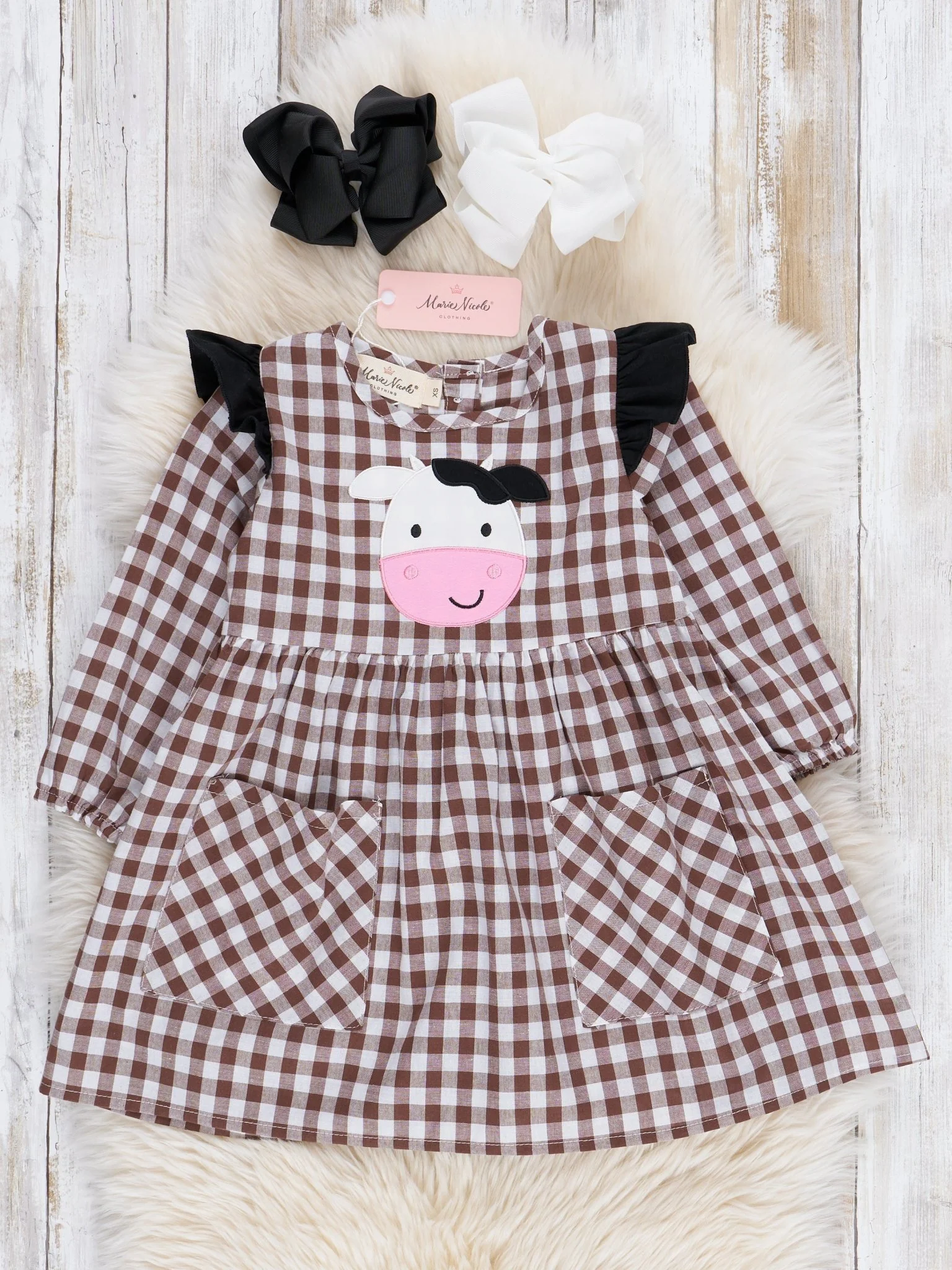 Brown Gingham Cow Pocket Dress - Image 2