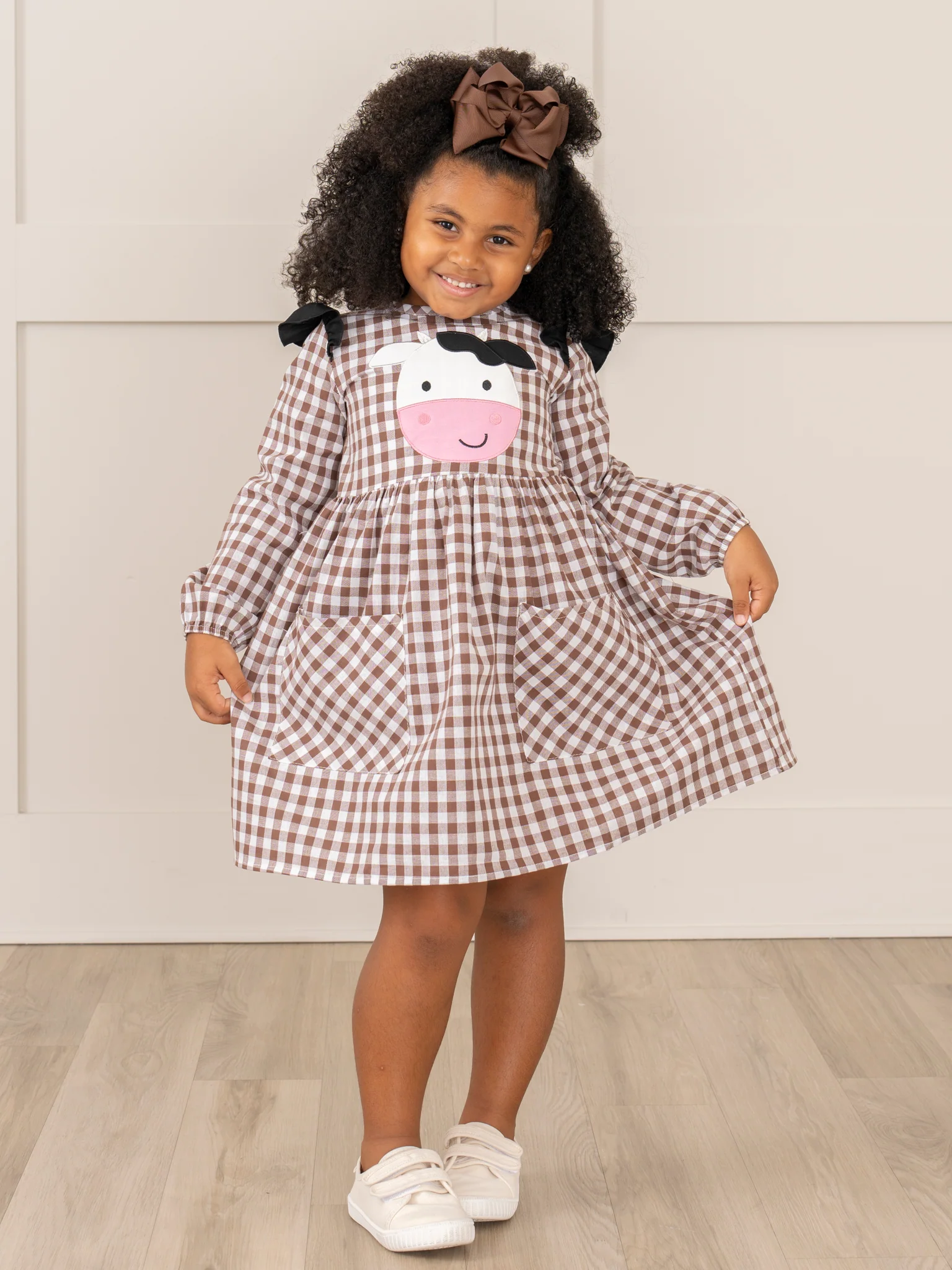Brown Gingham Cow Pocket Dress - Image 3