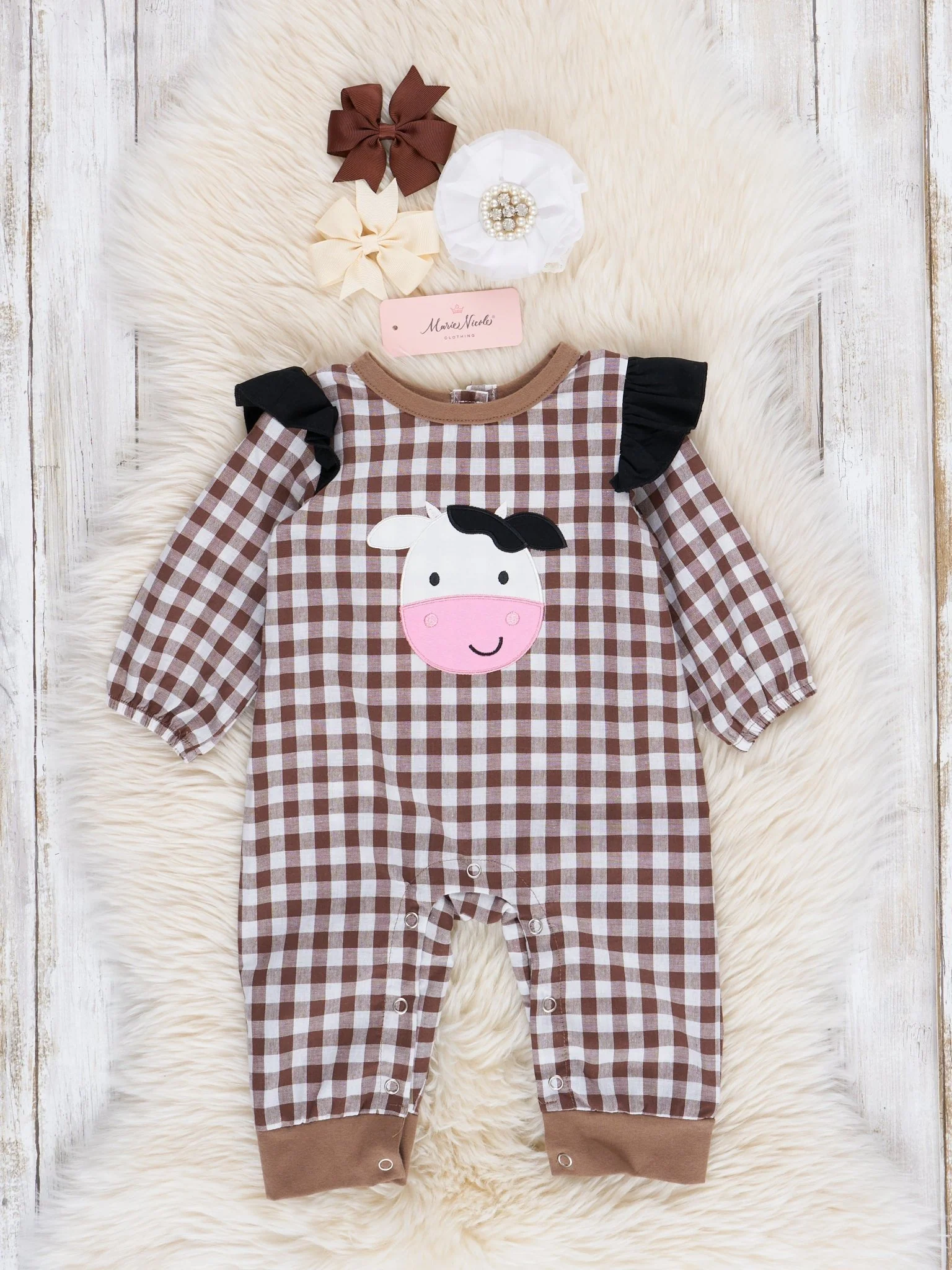 Brown Gingham Cow Romper