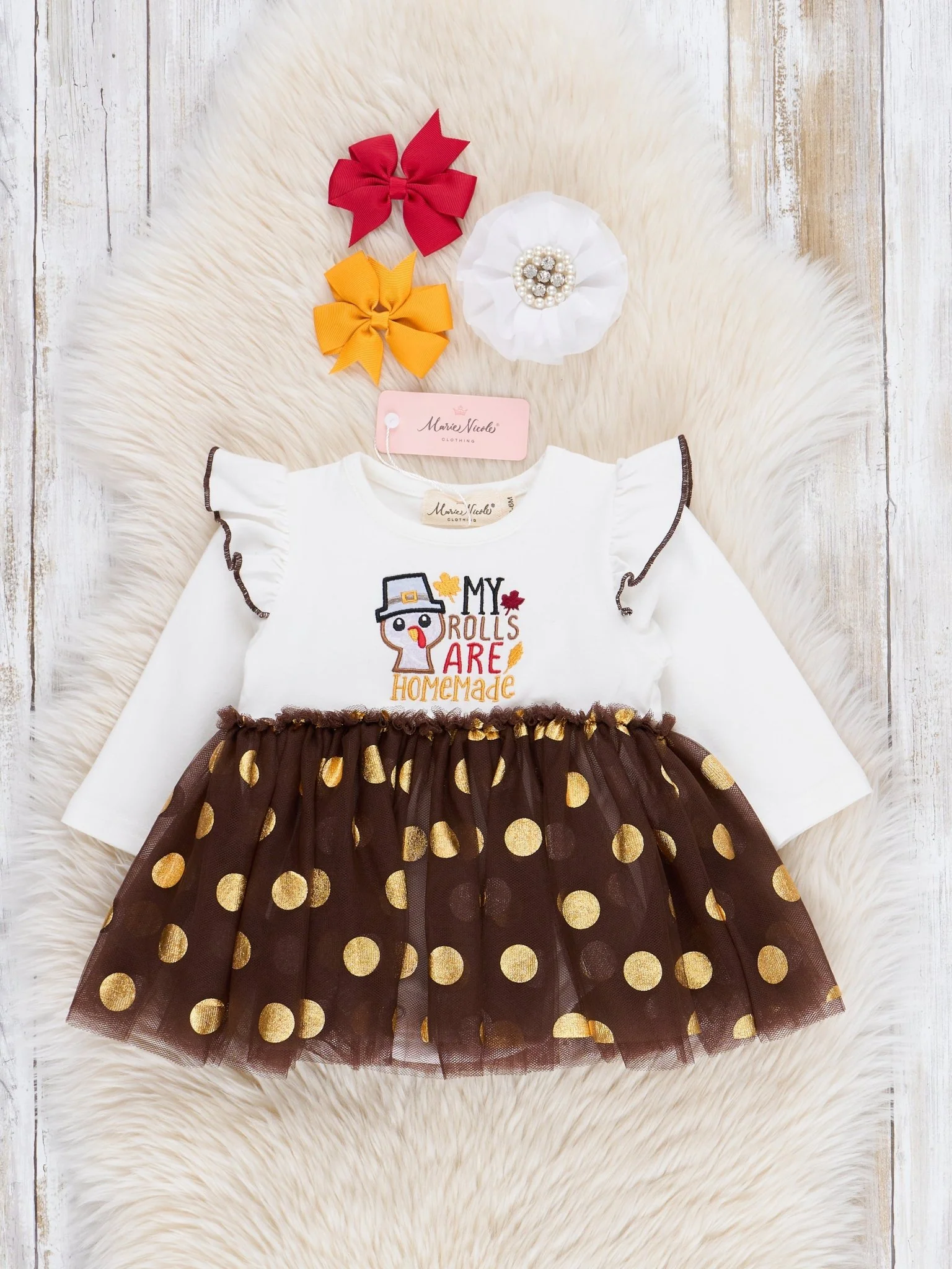Brown & Gold Dots "Homemade Rolls" Tulle Bubble Romper