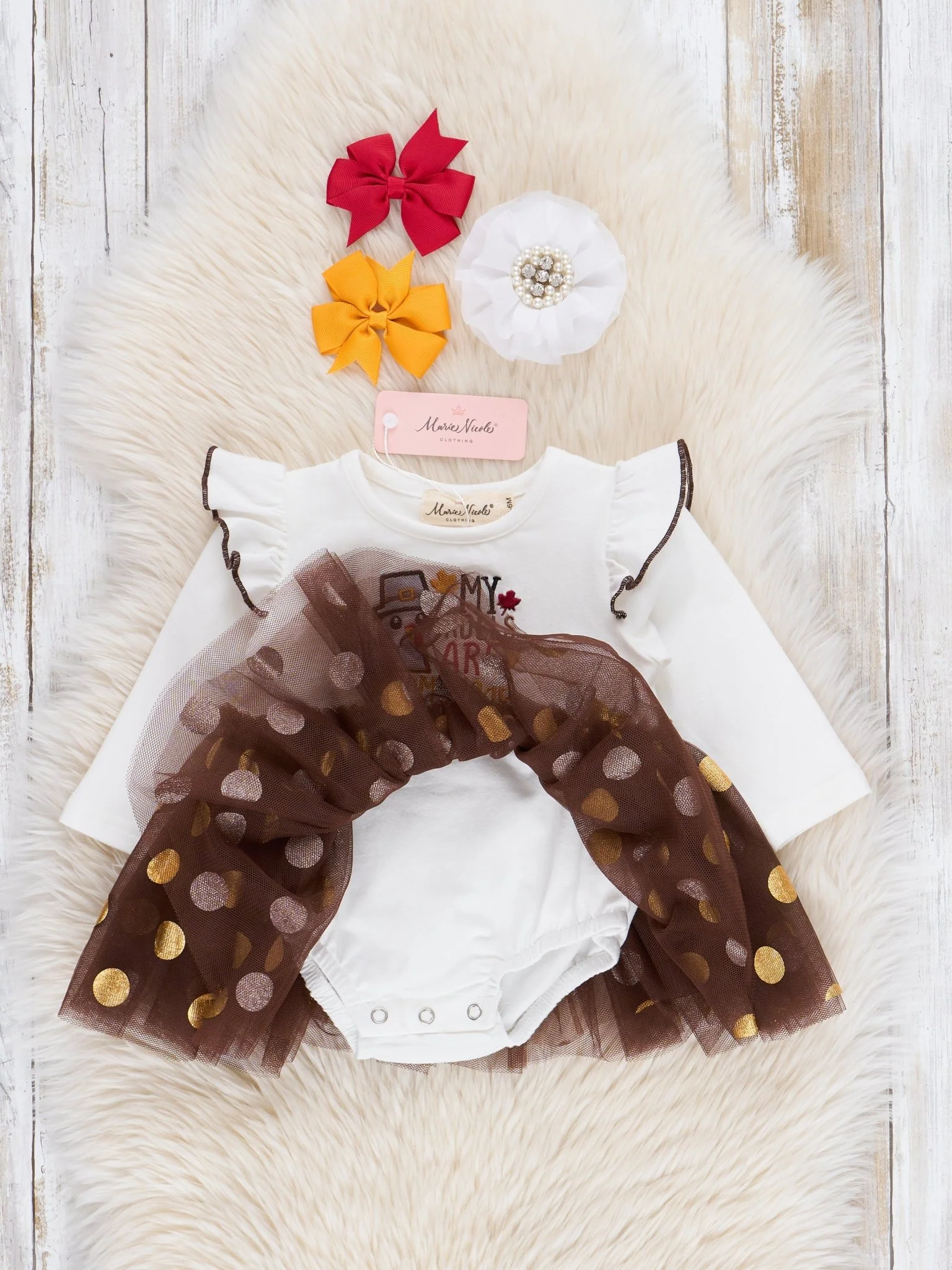 Brown & Gold Dots "Homemade Rolls" Tulle Bubble Romper - Image 2