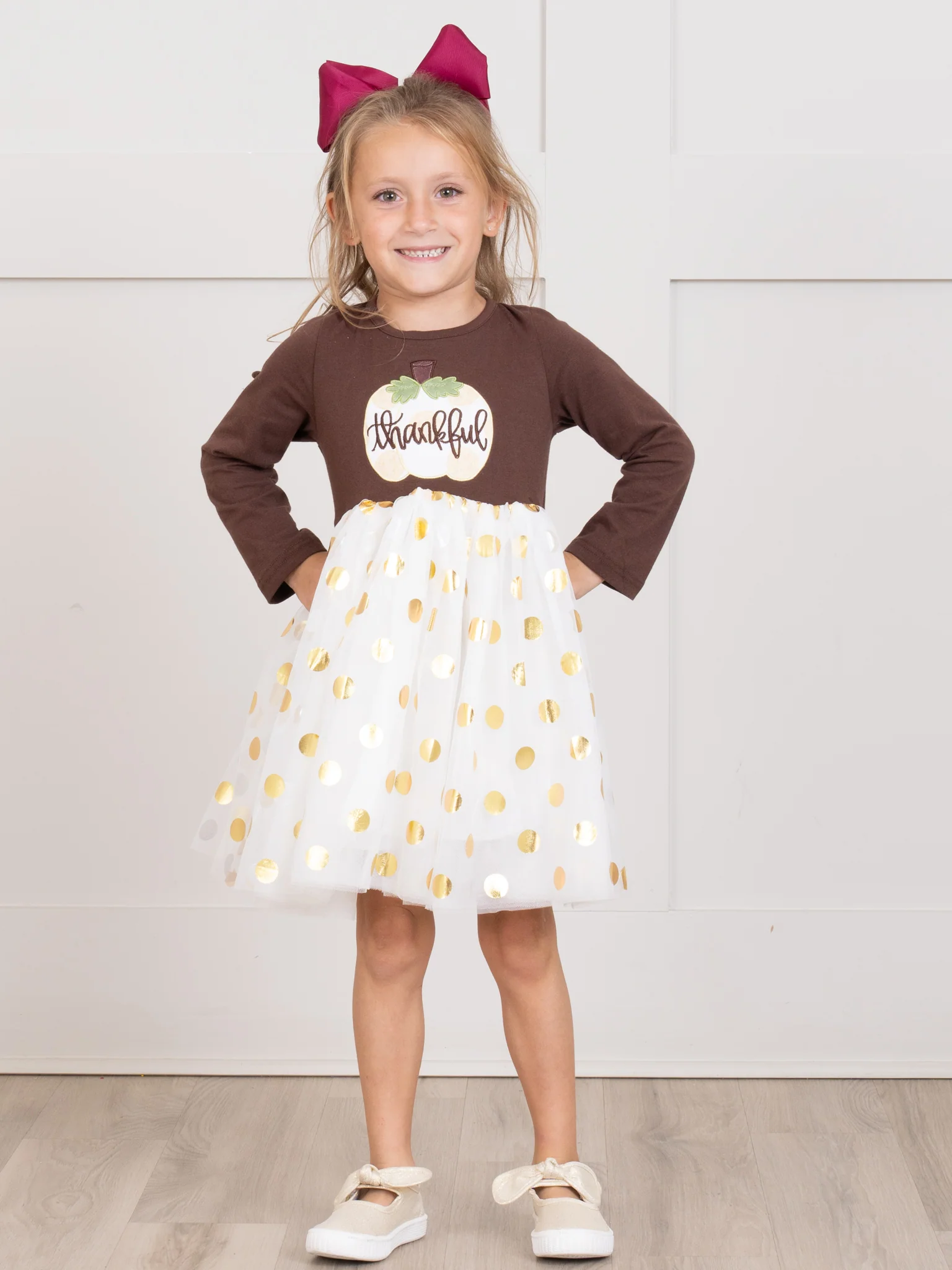 Brown & Gold Dots Thankful Tulle Dress