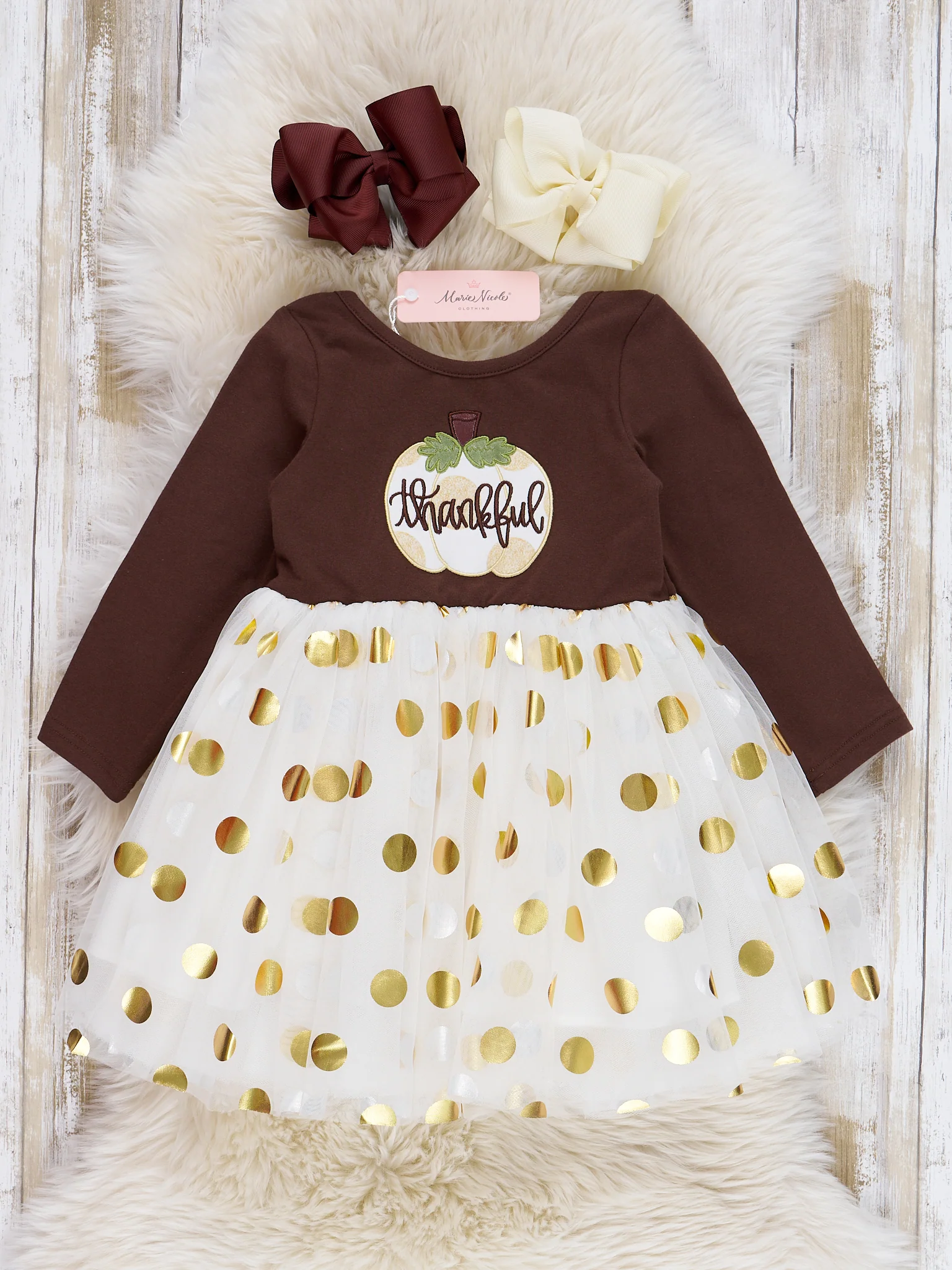 Brown & Gold Dots Thankful Tulle Dress - Image 2