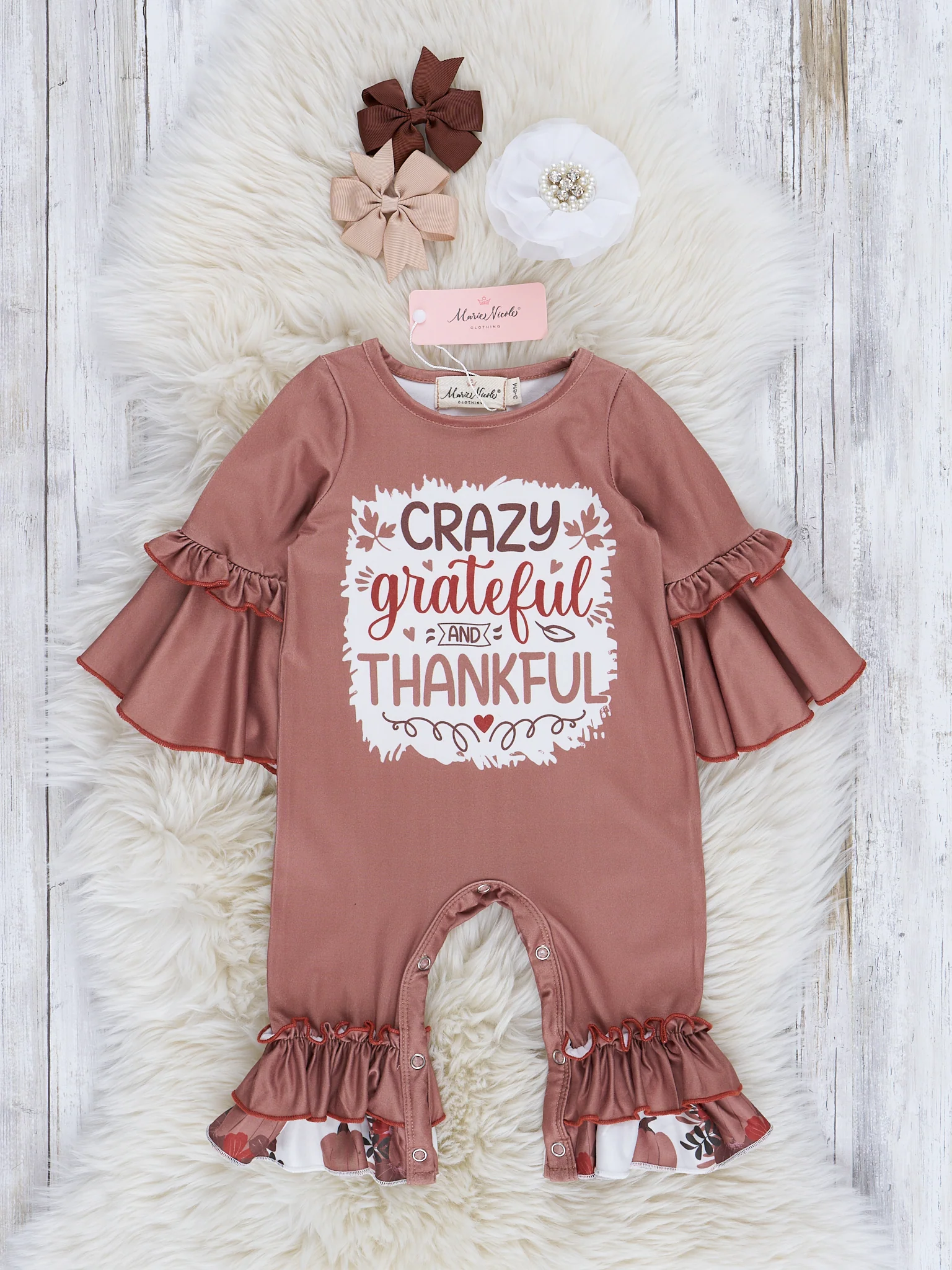 Brown Harvest "Grateful" Bell Sleeve Romper