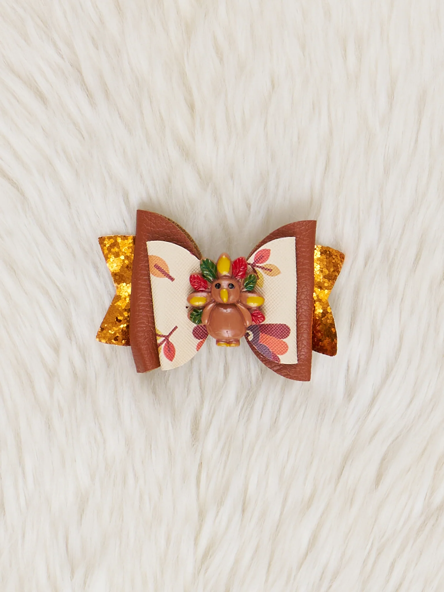 Brown Leather & Gold Sparkle Turkey Bow
