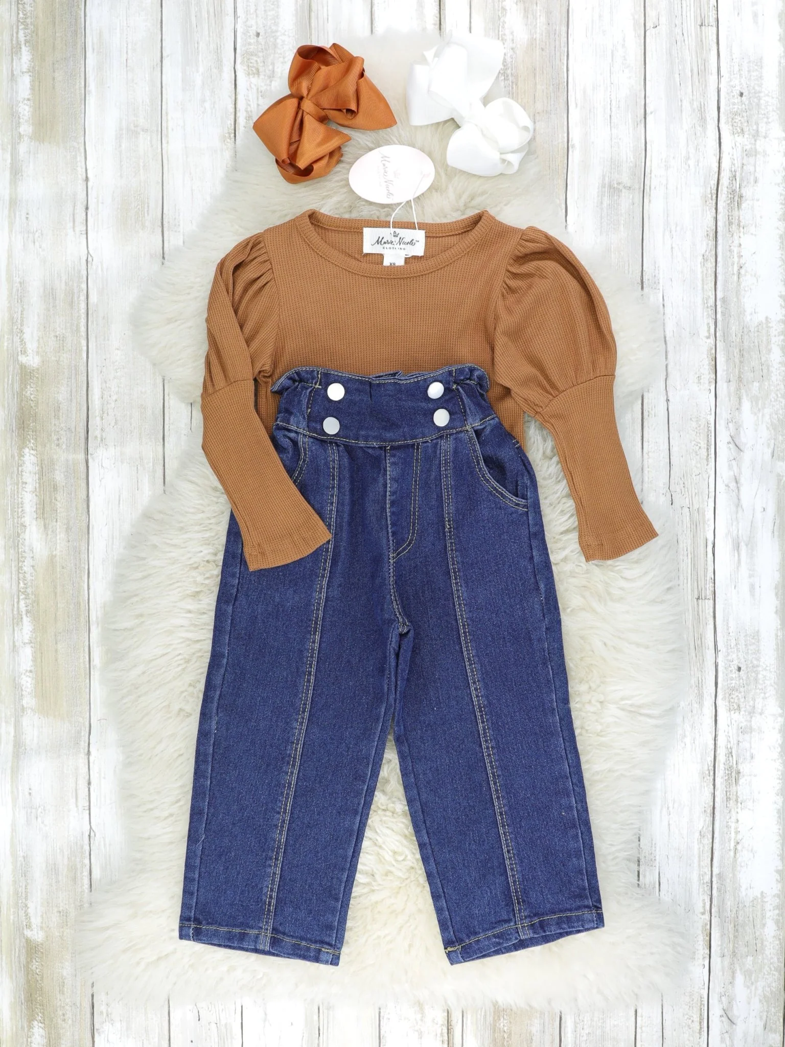 Brown Long Sleeve Top & Denim Outfit - Image 2