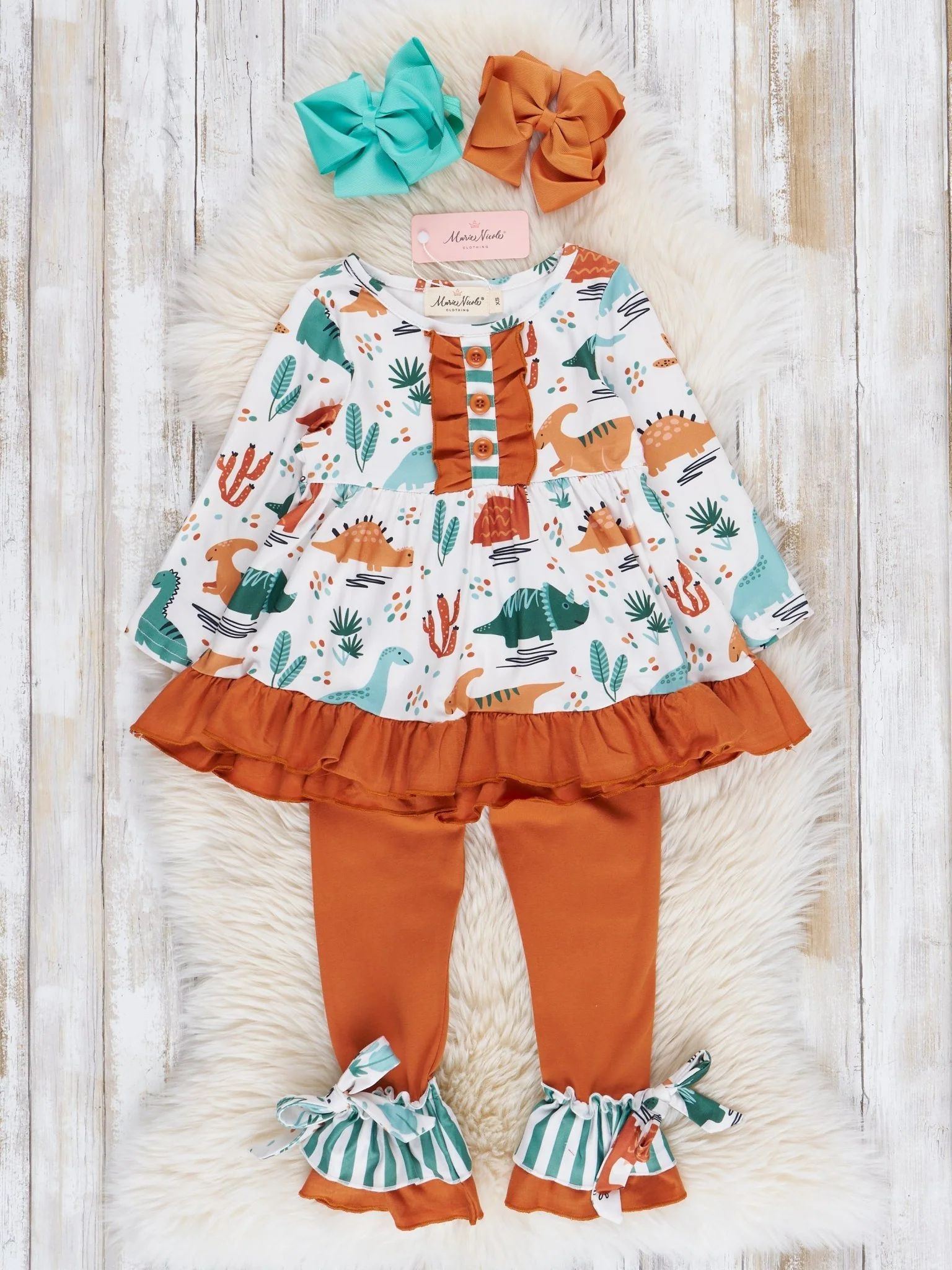 Brown & Olive Dinosaur Ruffle Outfit