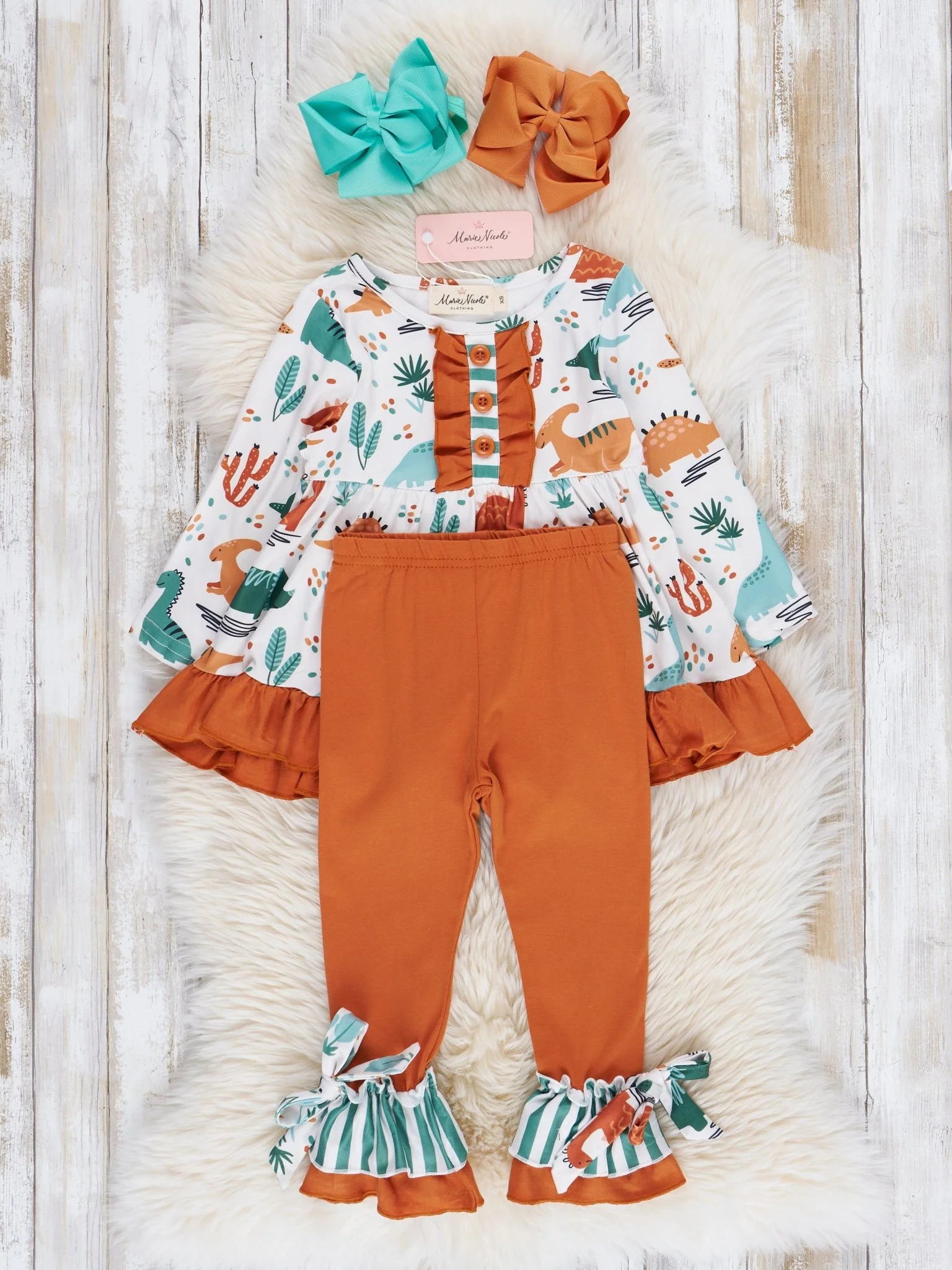 Brown & Olive Dinosaur Ruffle Outfit - Image 2