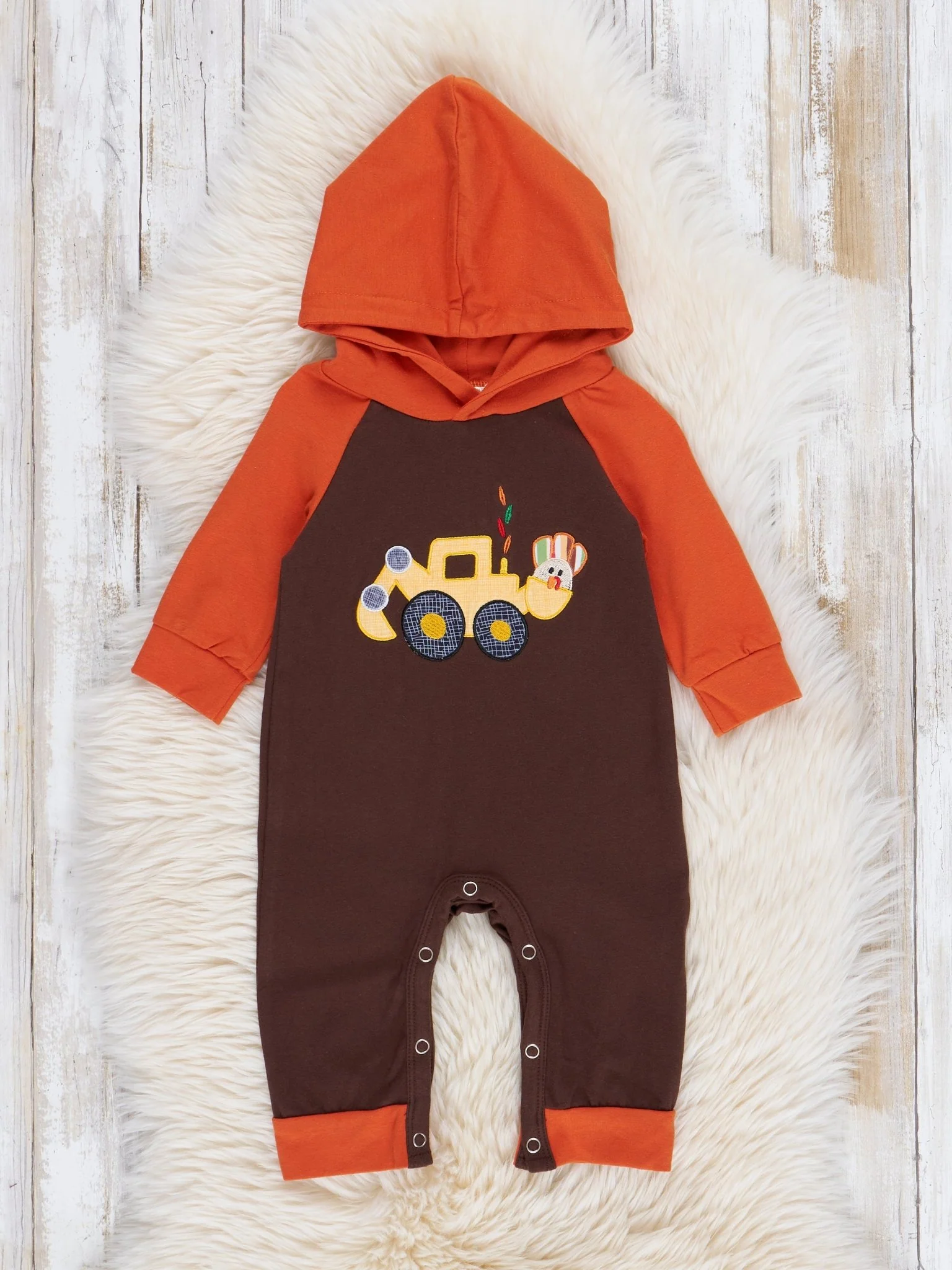 Brown & Orange Embroidered Turkey Excavator Hoodie Romper