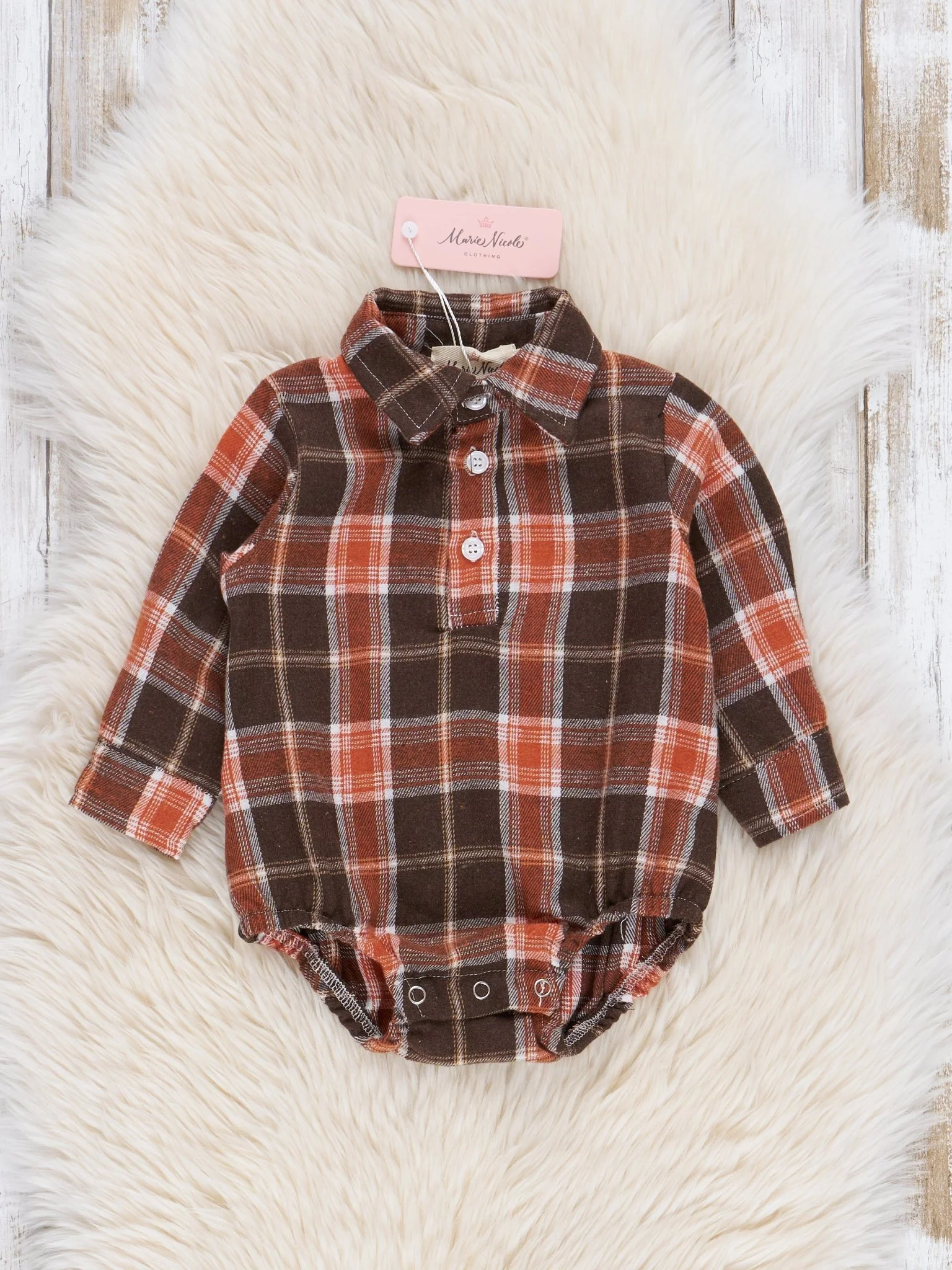 Brown & Orange Flannel Button-Up Bubble Romper