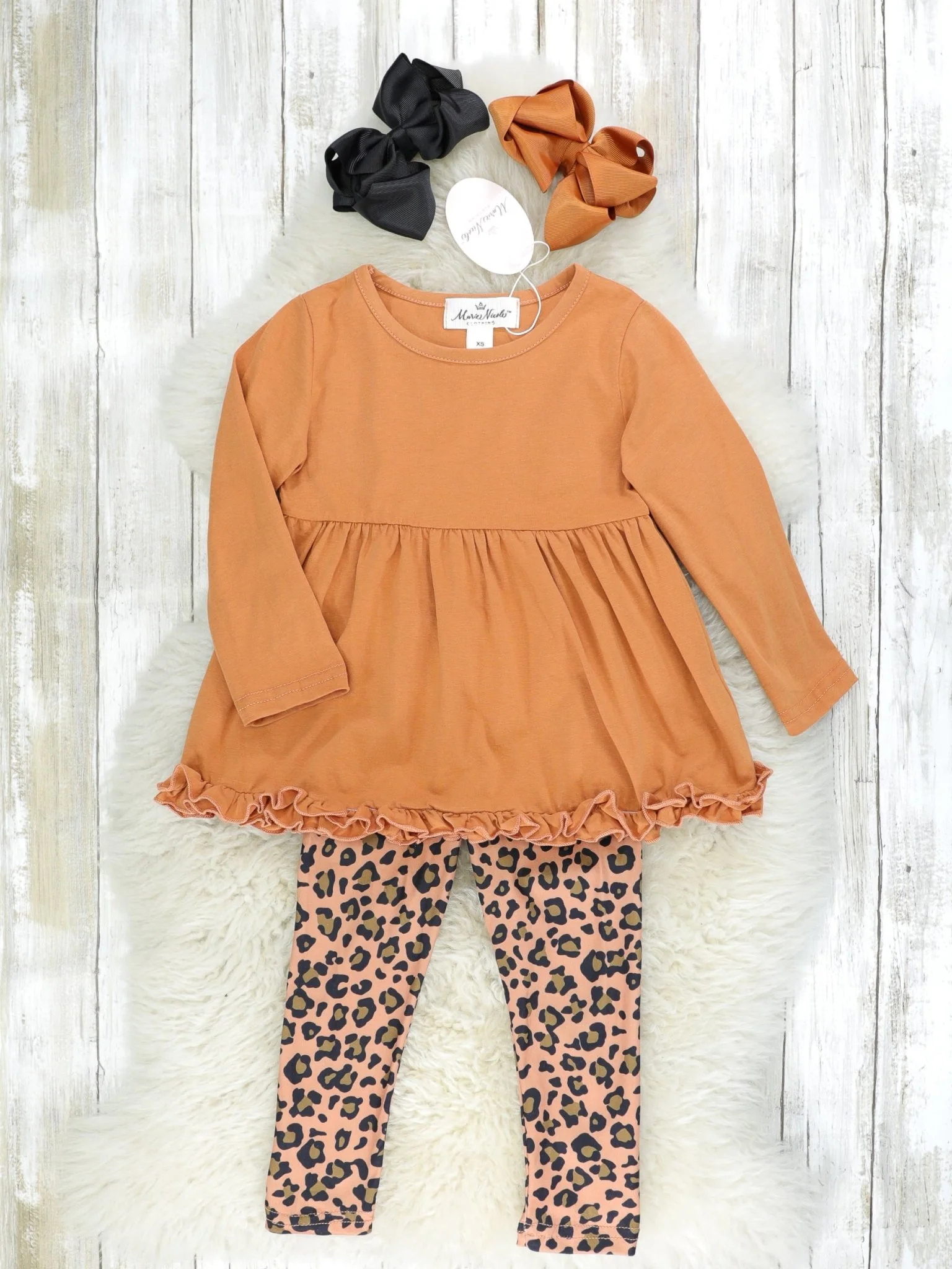 Brown Peplum Ruffle Tunic & Leopard Bottoms Outfit