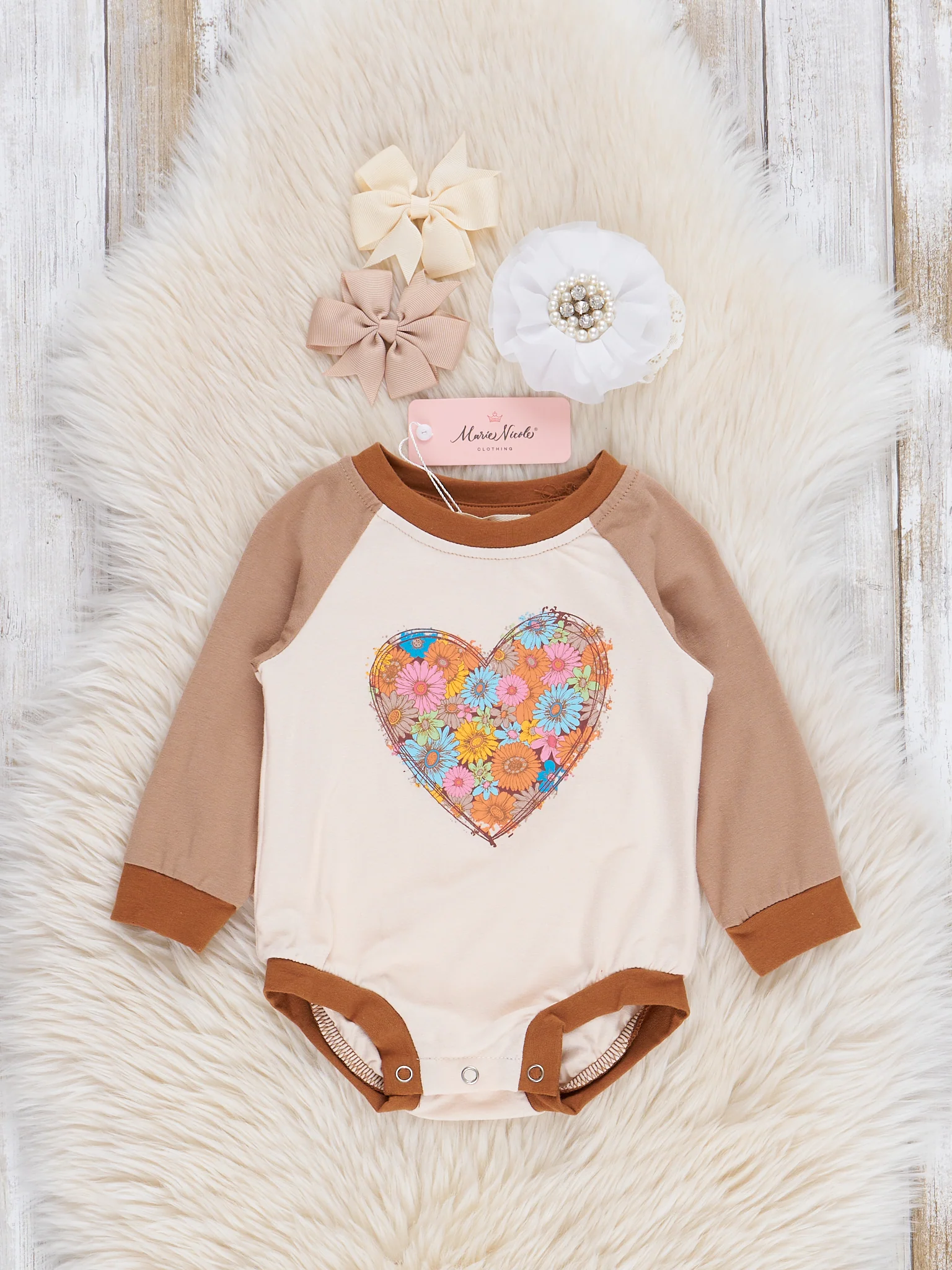Brown Raglan Floral Heart Bubble Romper