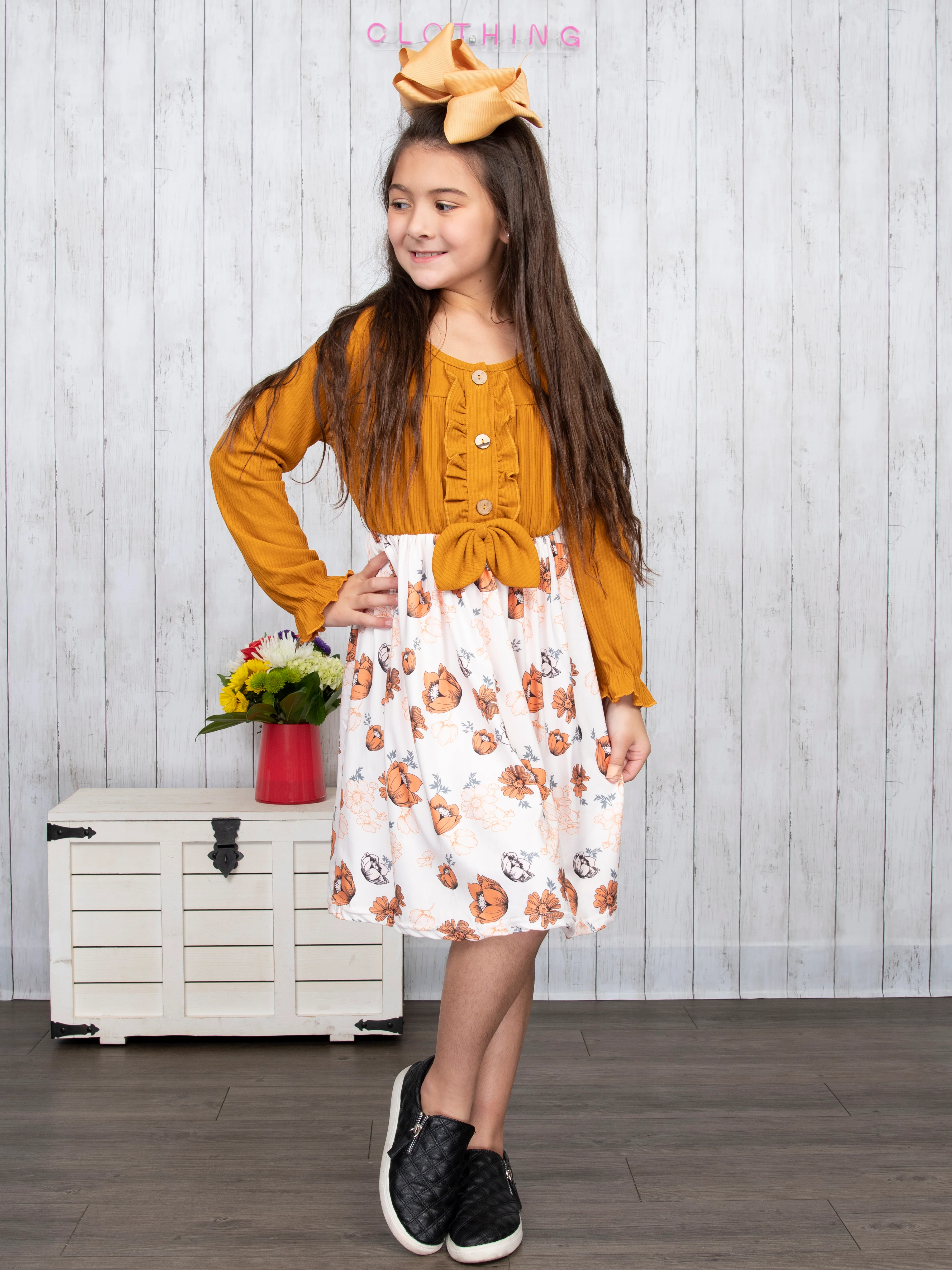 Brown Ribbed Floral Ruffle Dress