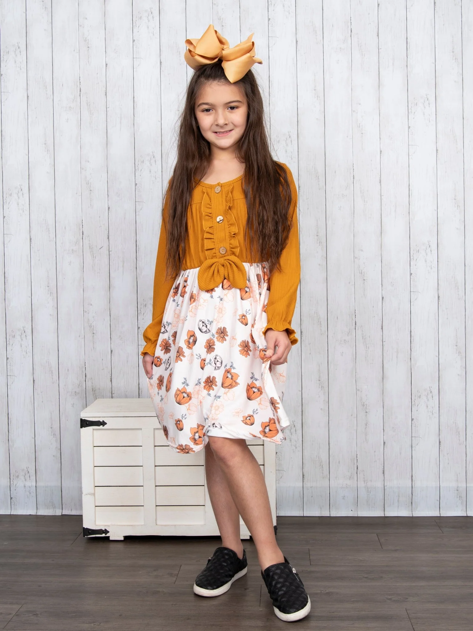 Brown Ribbed Floral Ruffle Dress - Image 2