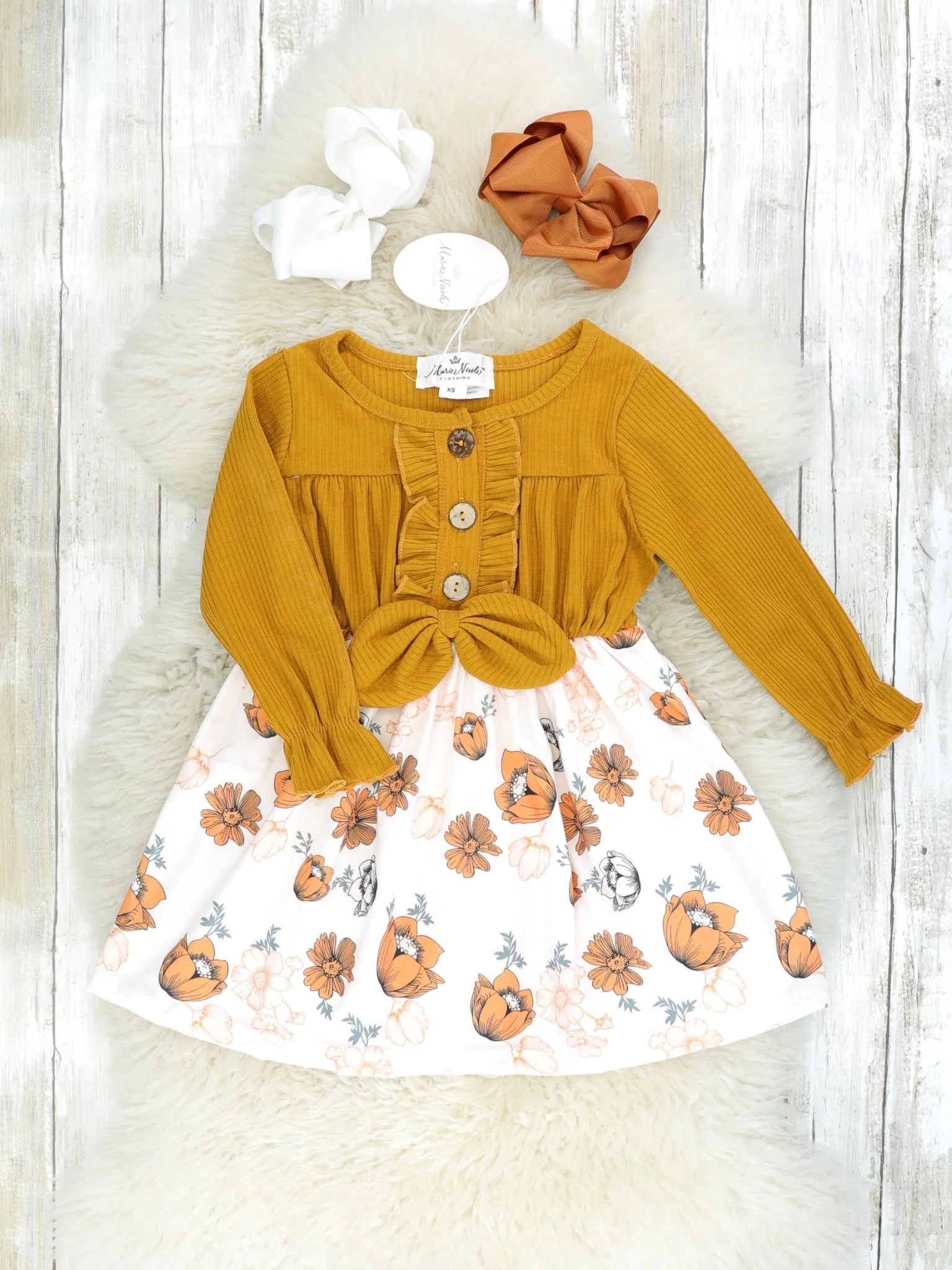 Brown Ribbed Floral Ruffle Dress - Image 3