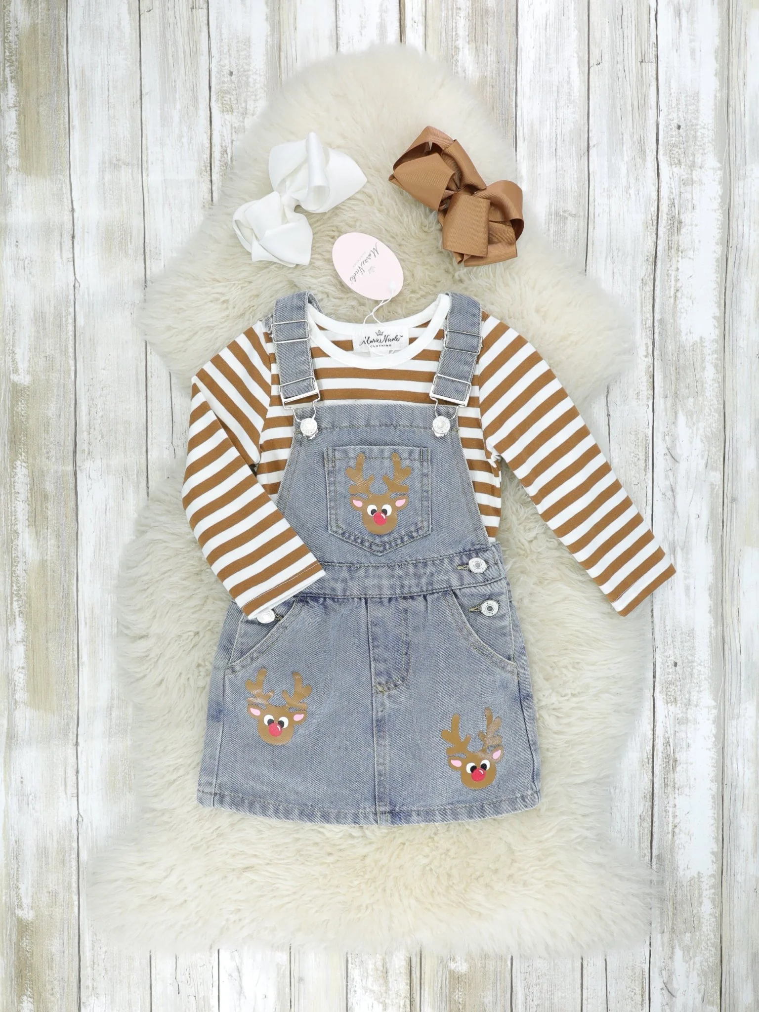 Brown Striped Shirt & Denim Reindeer Overall Dress Set