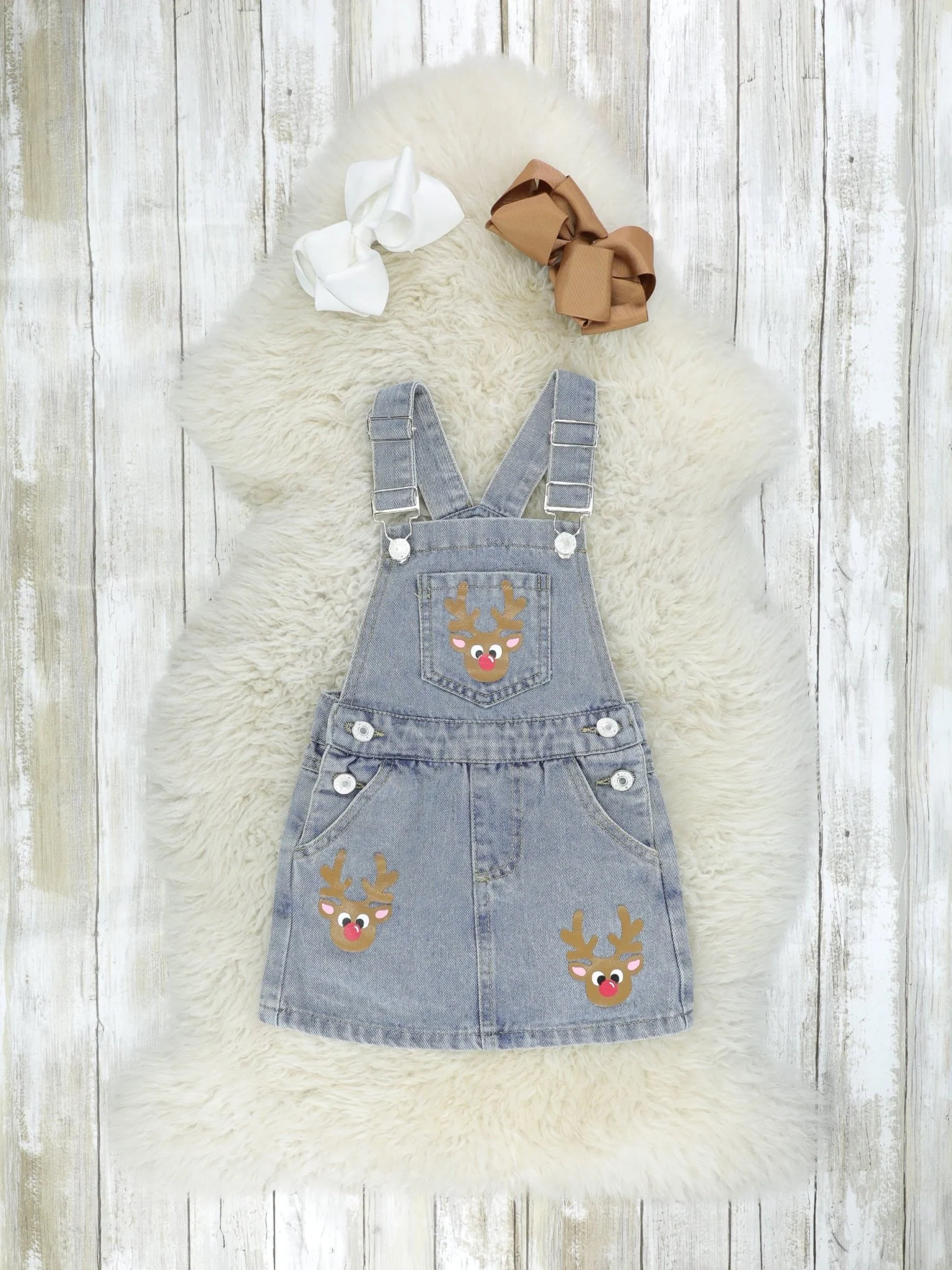 Brown Striped Shirt & Denim Reindeer Overall Dress Set - Image 3