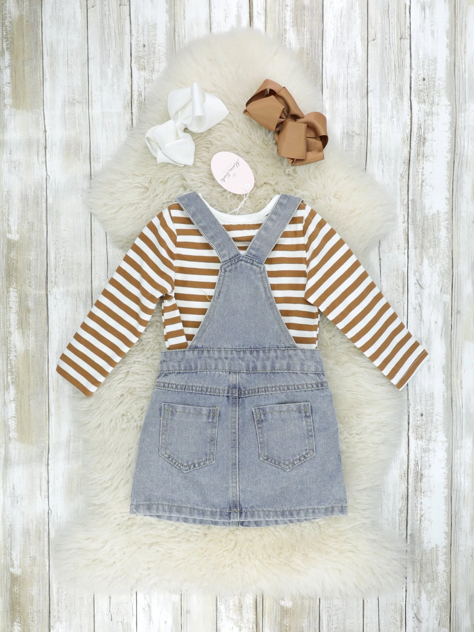 Brown Striped Shirt & Denim Reindeer Overall Dress Set - Image 4