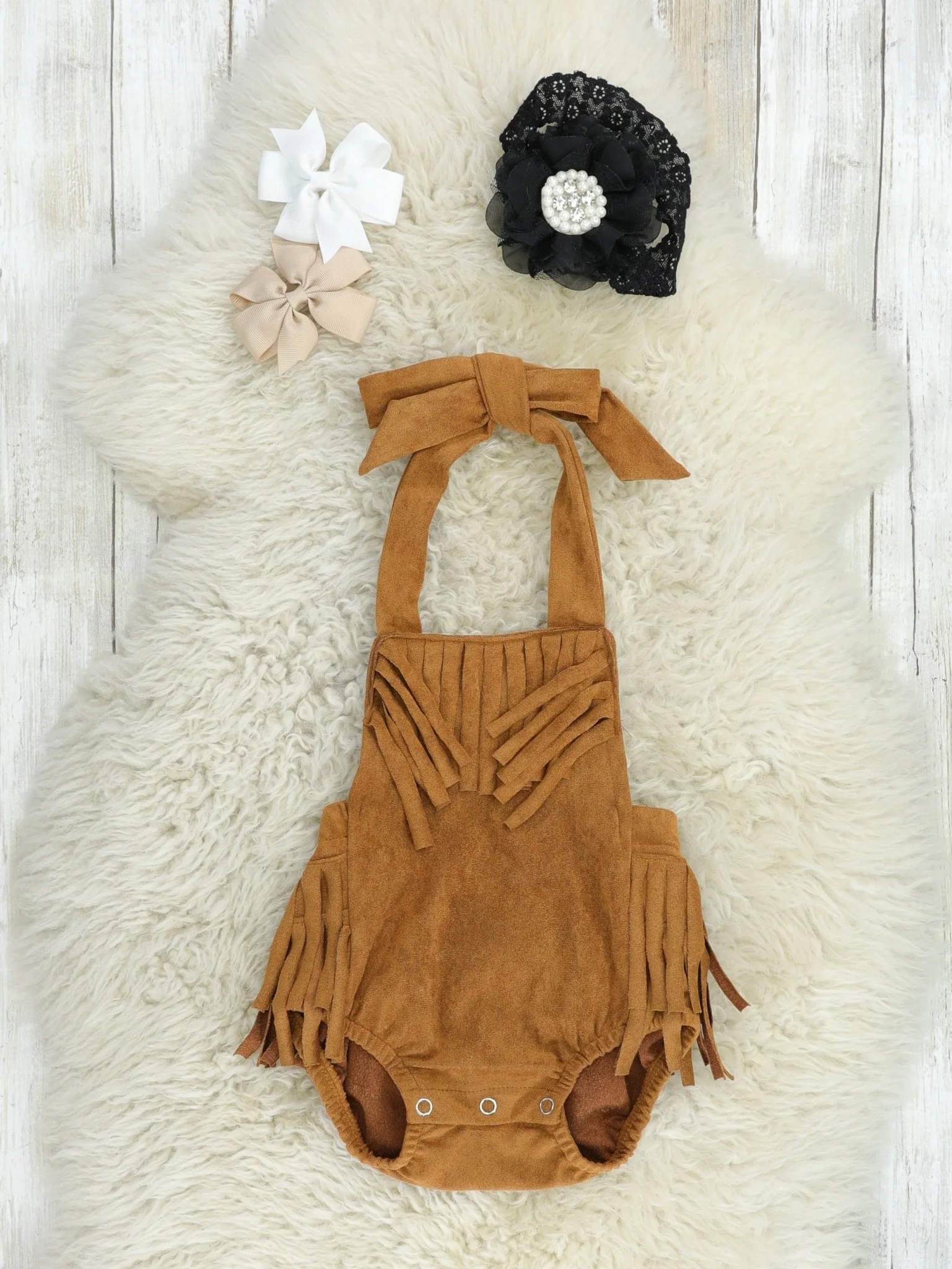 Brown Suede Fringe Tie Bubble Romper