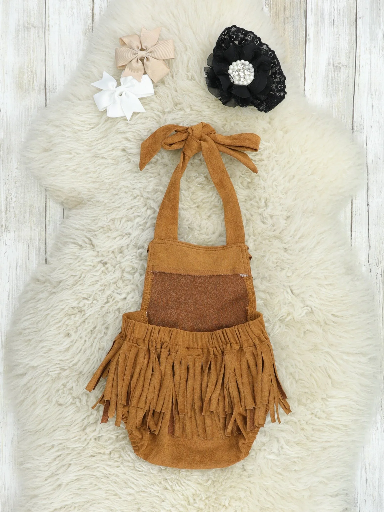 Brown Suede Fringe Tie Bubble Romper - Image 2