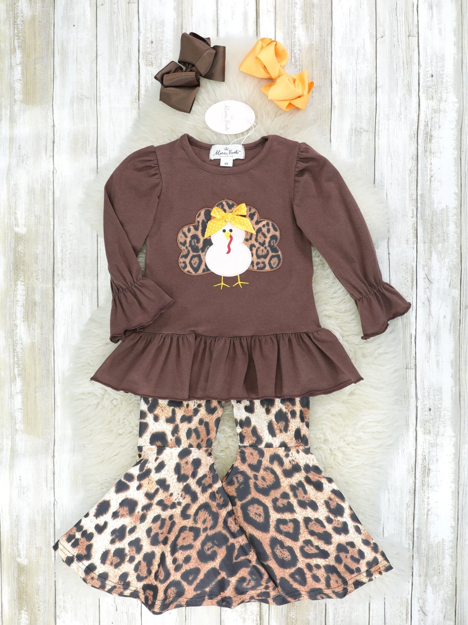 Brown Turkey Ruffle Top & Leopard Bell Bottoms Outfit