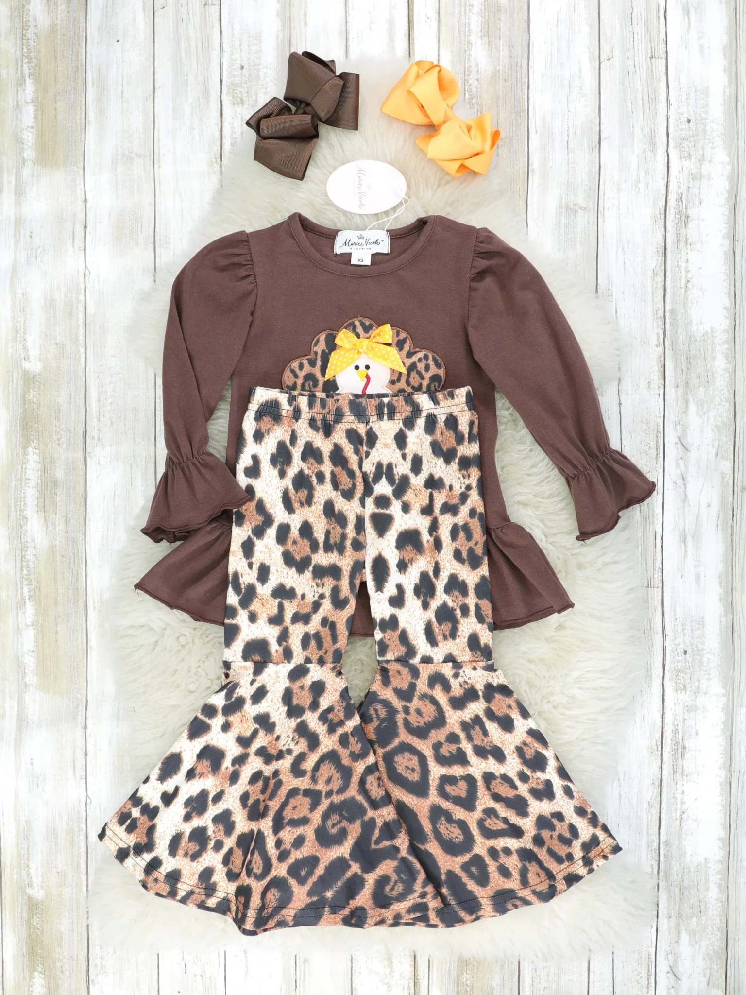Brown Turkey Ruffle Top & Leopard Bell Bottoms Outfit - Image 2