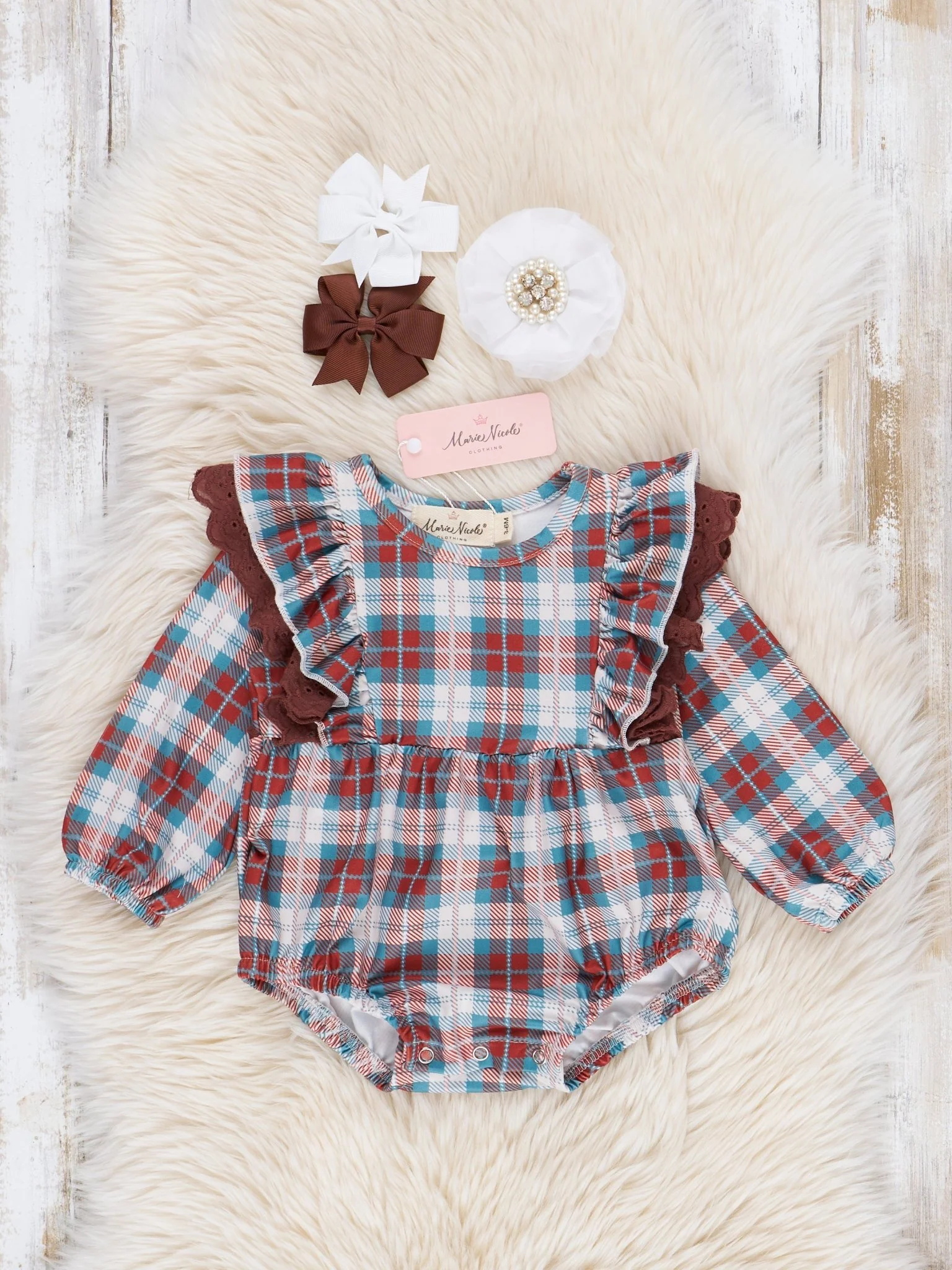 Brown & Turquoise Plaid Ruffle Bubble Romper
