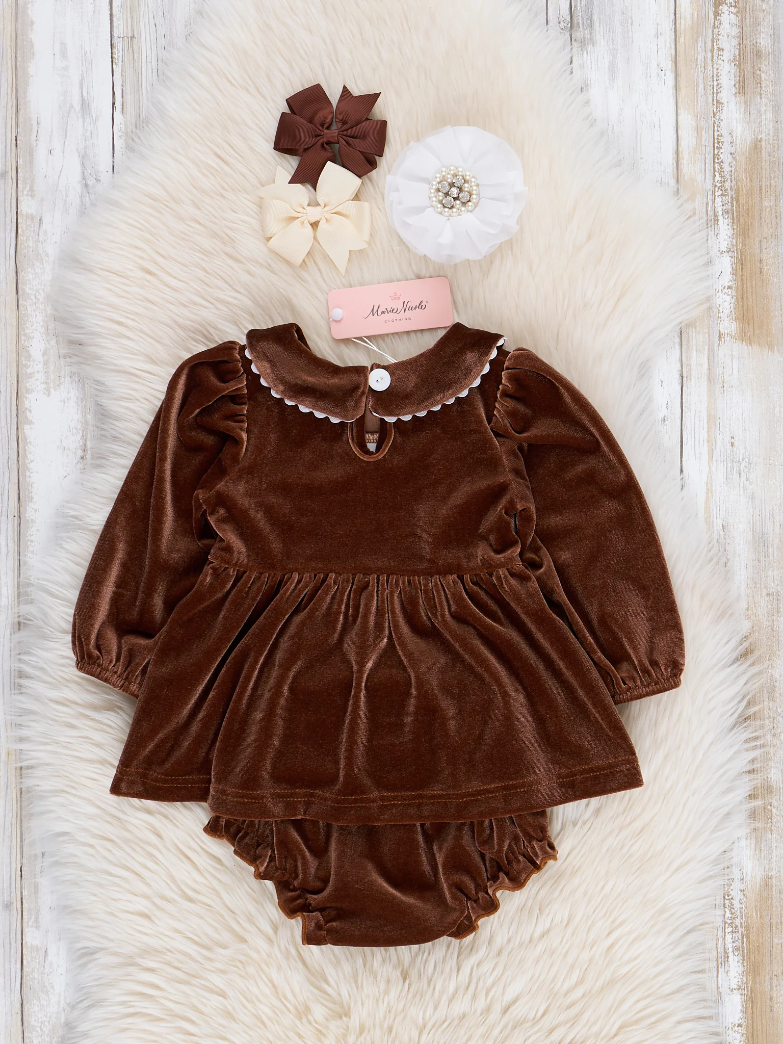 Brown Velvet Autumn Smocked Bloomers Outfit - Image 3