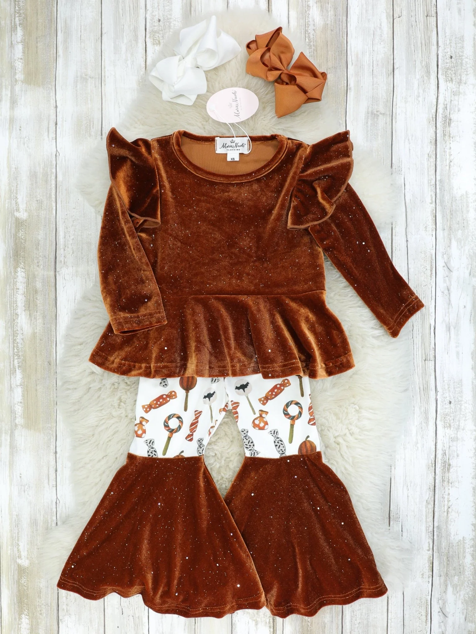 Brown Velvet Top & Orange Candies Bell Bottoms Outfit