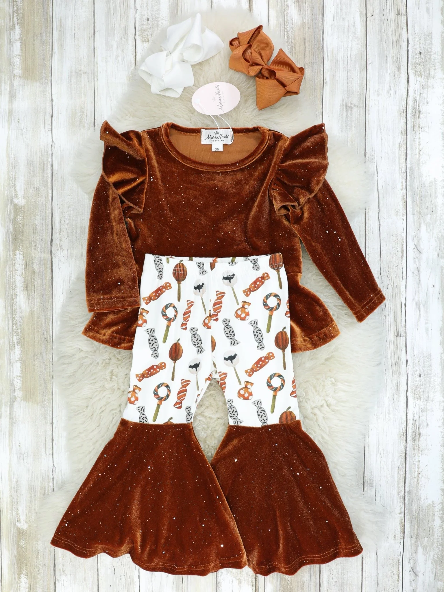 Brown Velvet Top & Orange Candies Bell Bottoms Outfit - Image 2