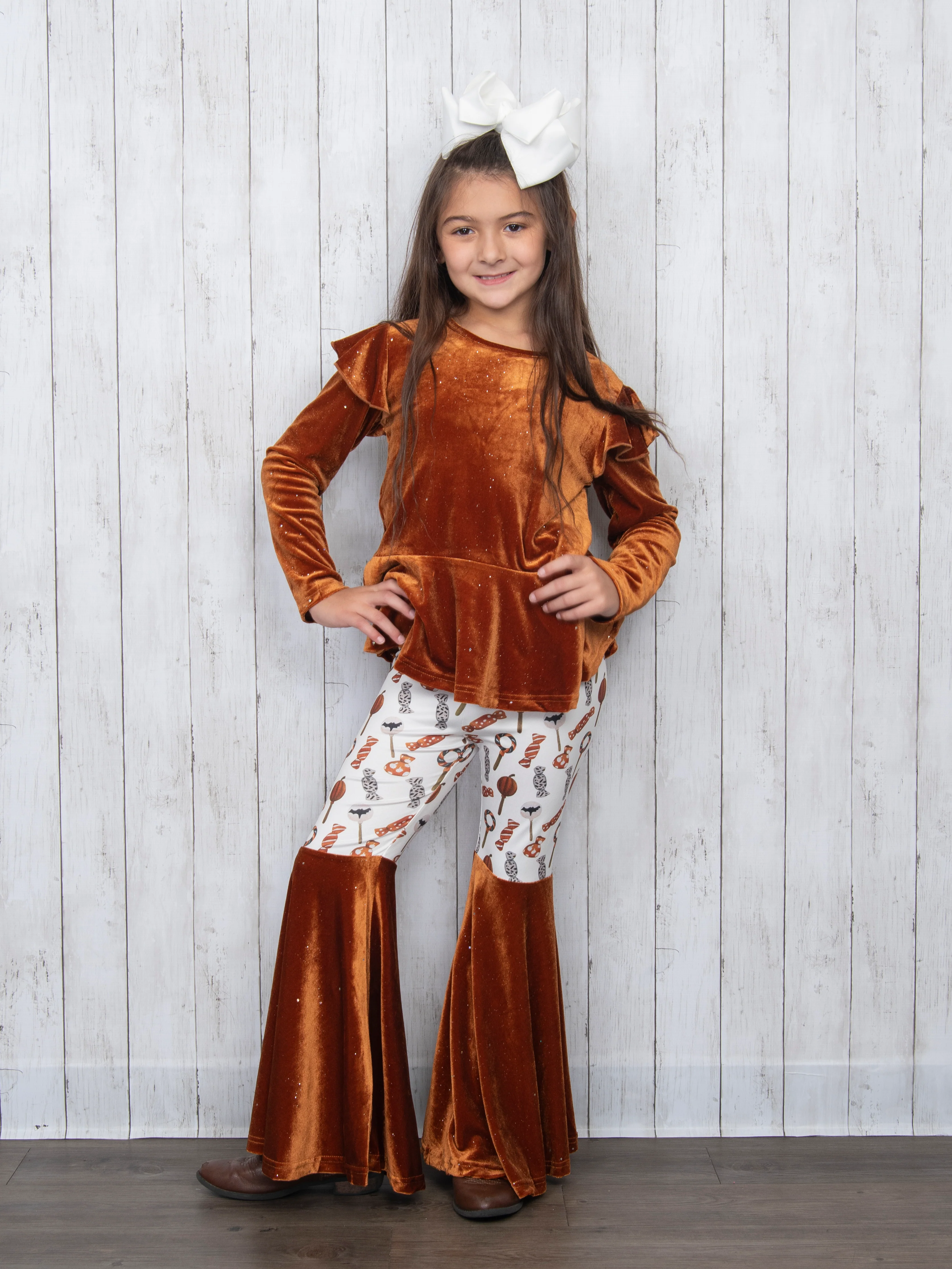 Brown Velvet Top & Orange Candies Bell Bottoms Outfit - Image 3